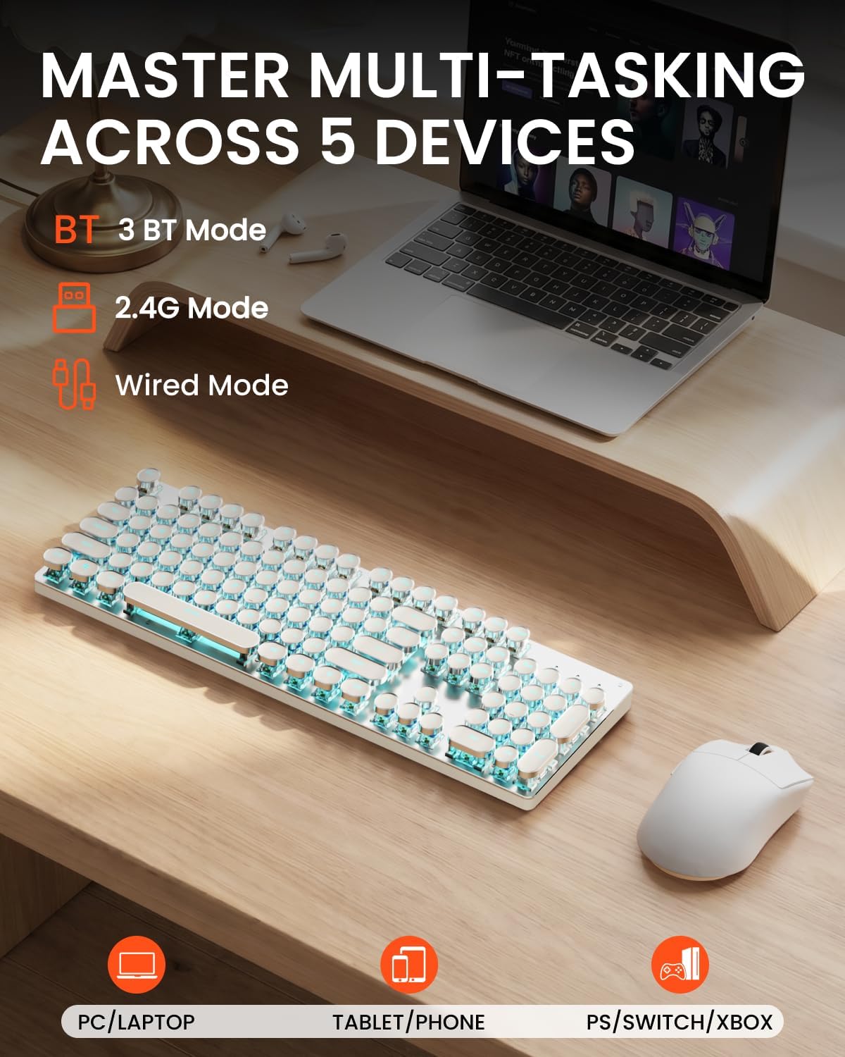 Combo de teclado y mouse inalámbricos, teclado retroiluminado azul...