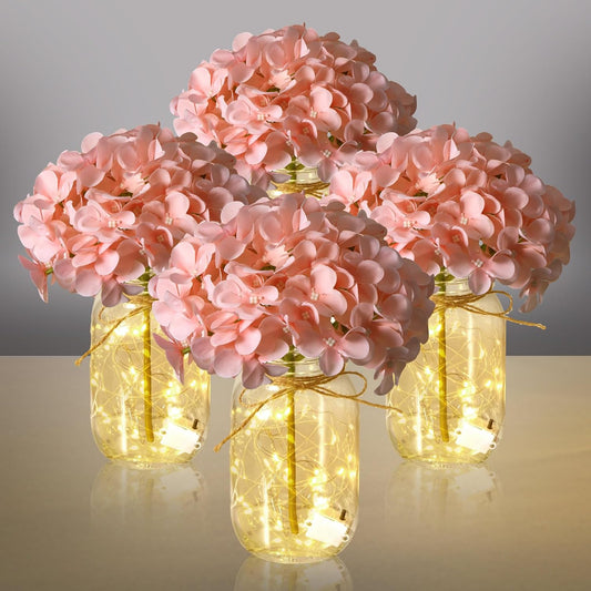 Juinte Juego de 4 Frascos Mason con Luces Hortensias Rosadas Centro...