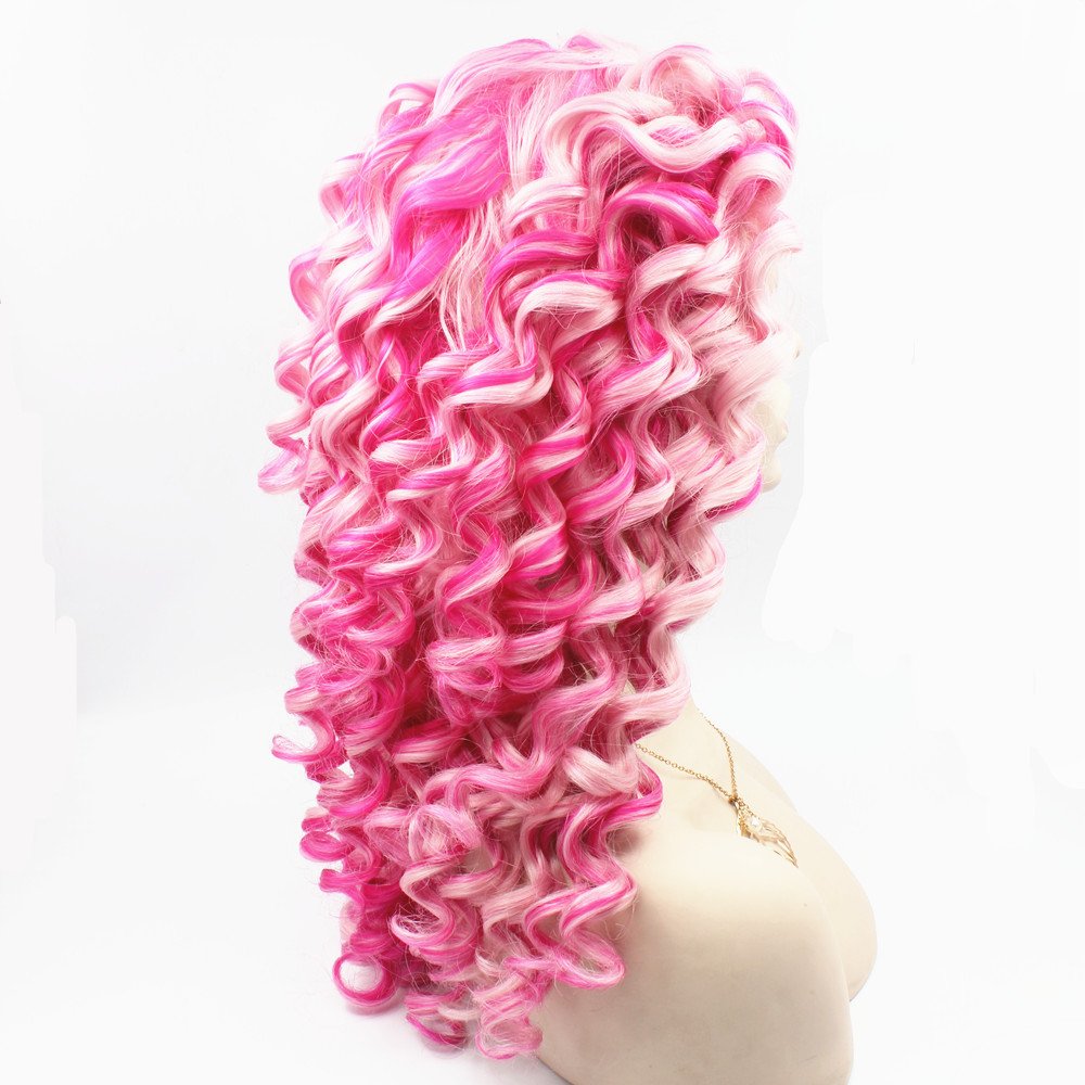 MX angel Mxangel - Peluca larga de color rosa rizado con encaje fro...