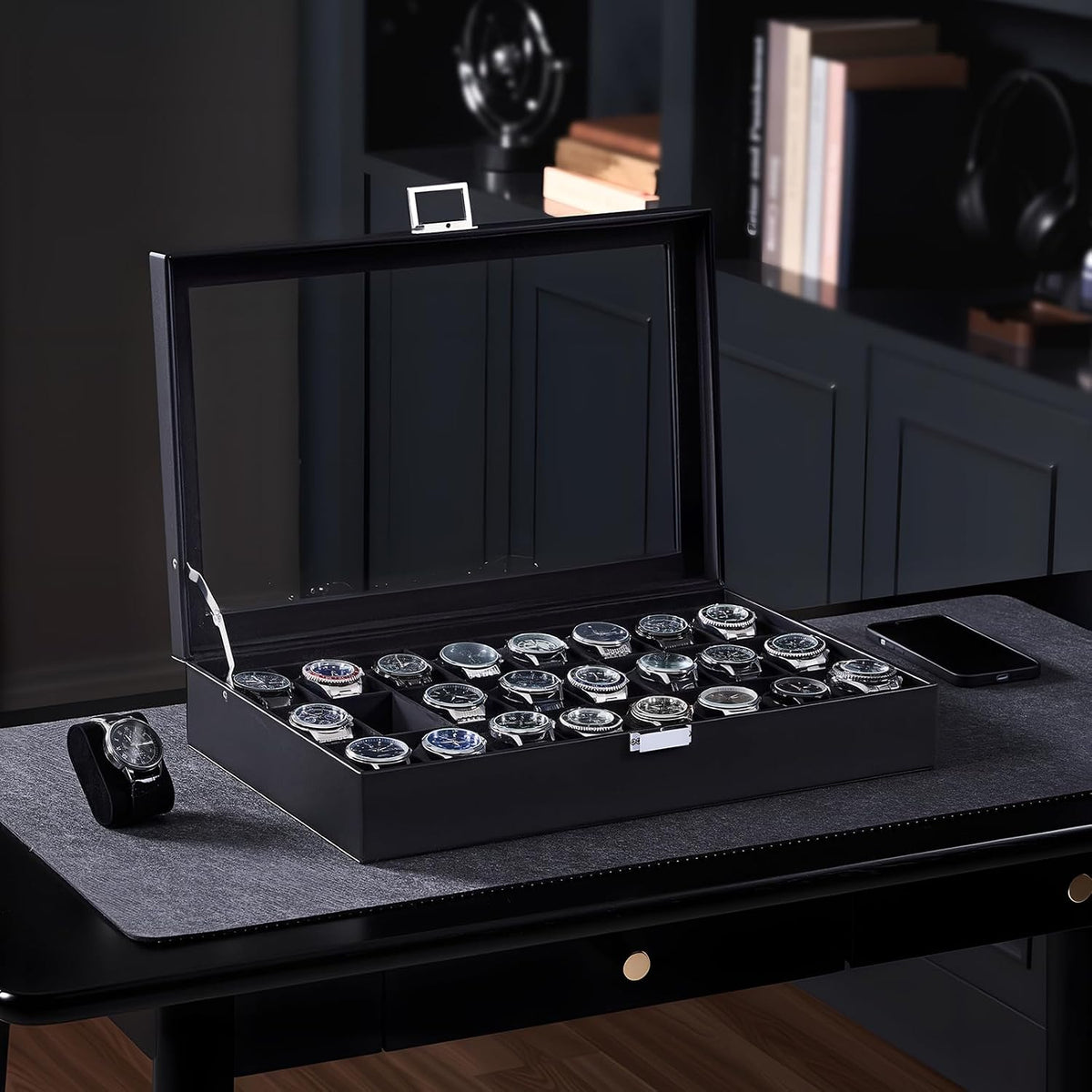 ProCase Caja de reloj para hombre, vitrina de 24 ranuras con tapa d...