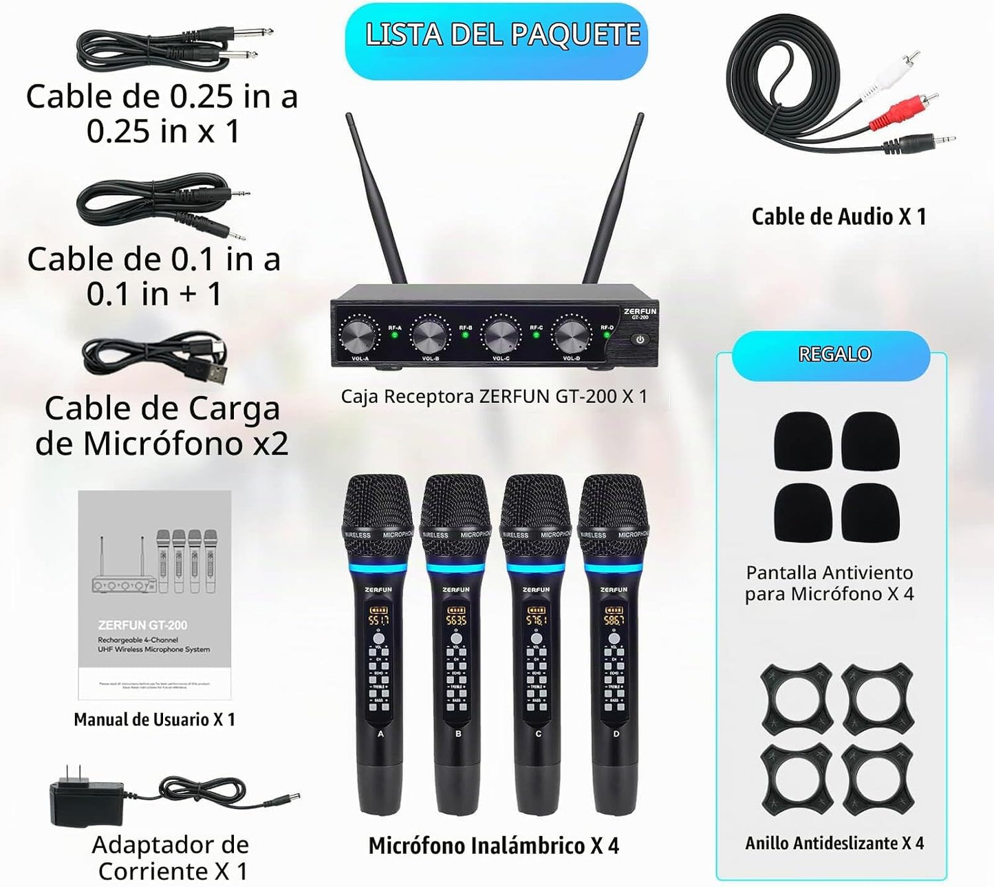 ZERFUN Sistema de Micrófono Inalámbrico Recargable de 4 Canales, Mi...