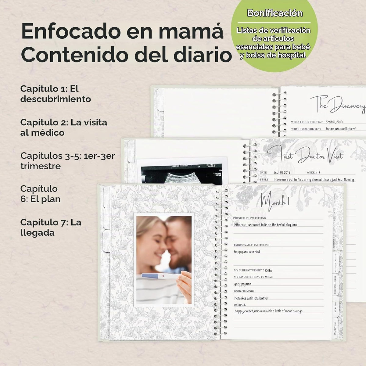 Diario de embarazo, anuncios de embarazo, 80 páginas de tapa dura (...