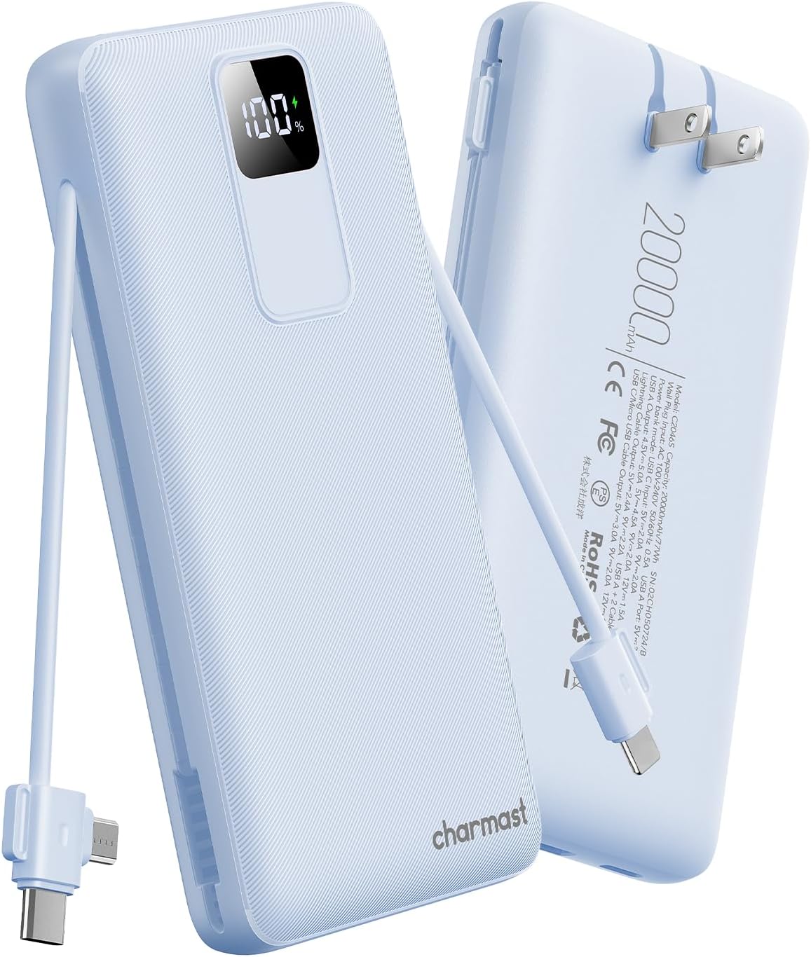 Charmast Cargador portátil de 20000mAh con cables incorporados y en...