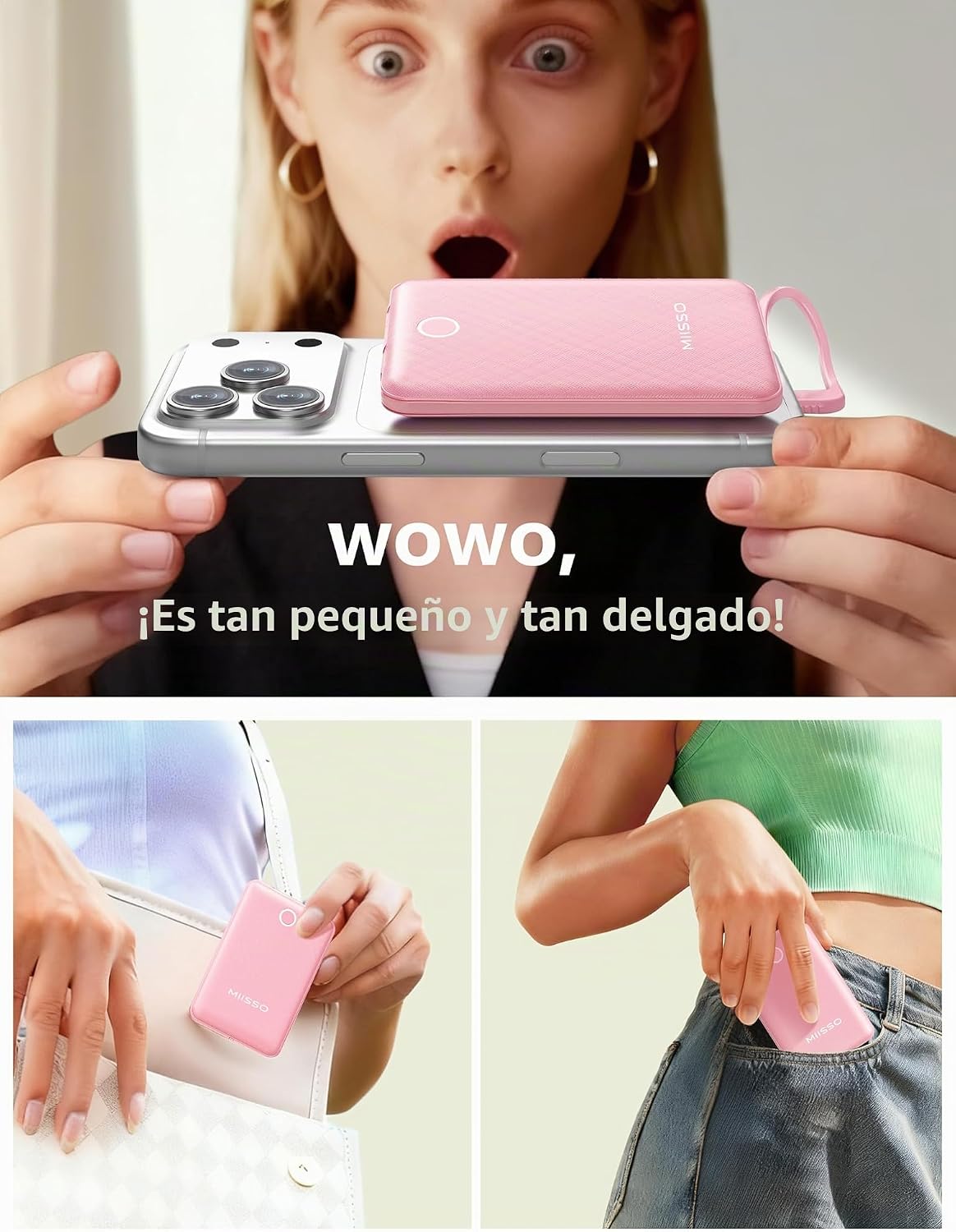 miisso 10000mAh Mini cargador portátil con cable incorporado, rosa...