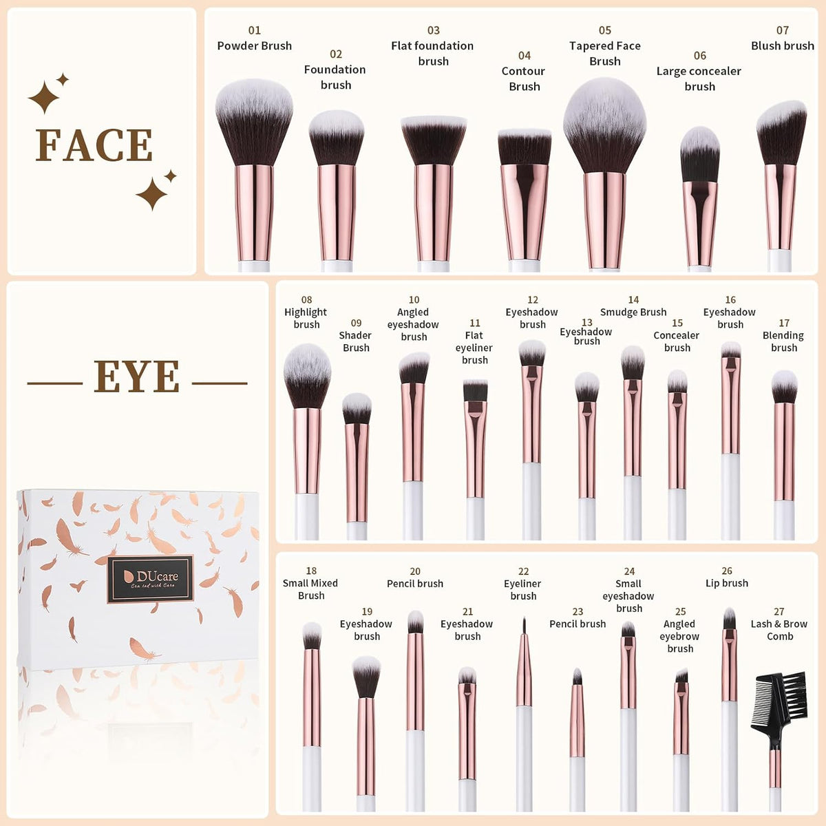 DUcare Juego de brochas de maquillaje profesionales, 27 piezas, bro...