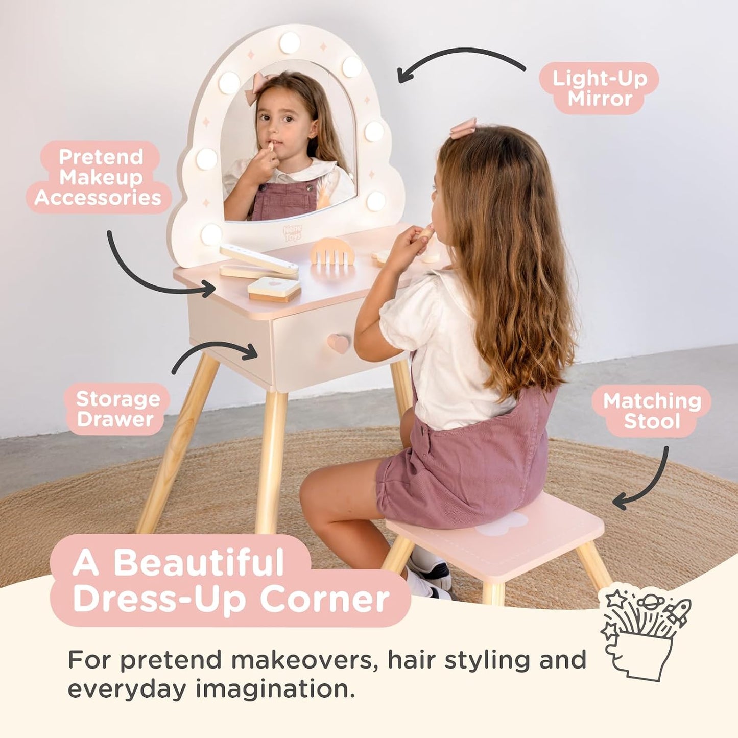 Nene Toys Juego de mesa y taburete para niños con espejo iluminado,...