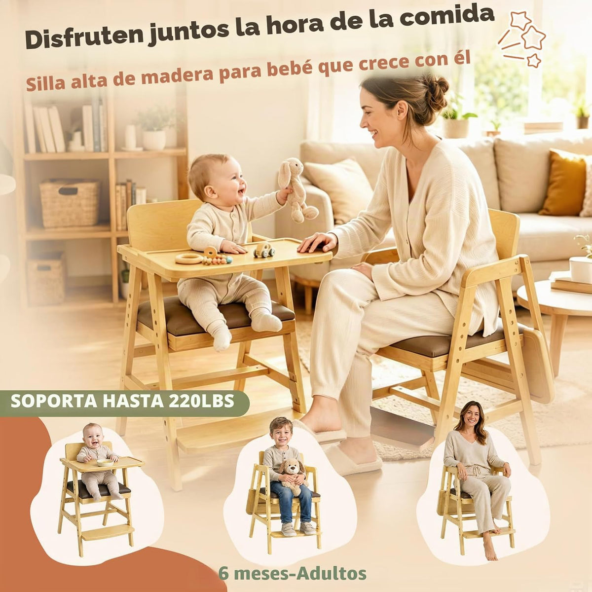 Trona de madera 3 en 1 para bebés y niños pequeños con bandeja ajus...