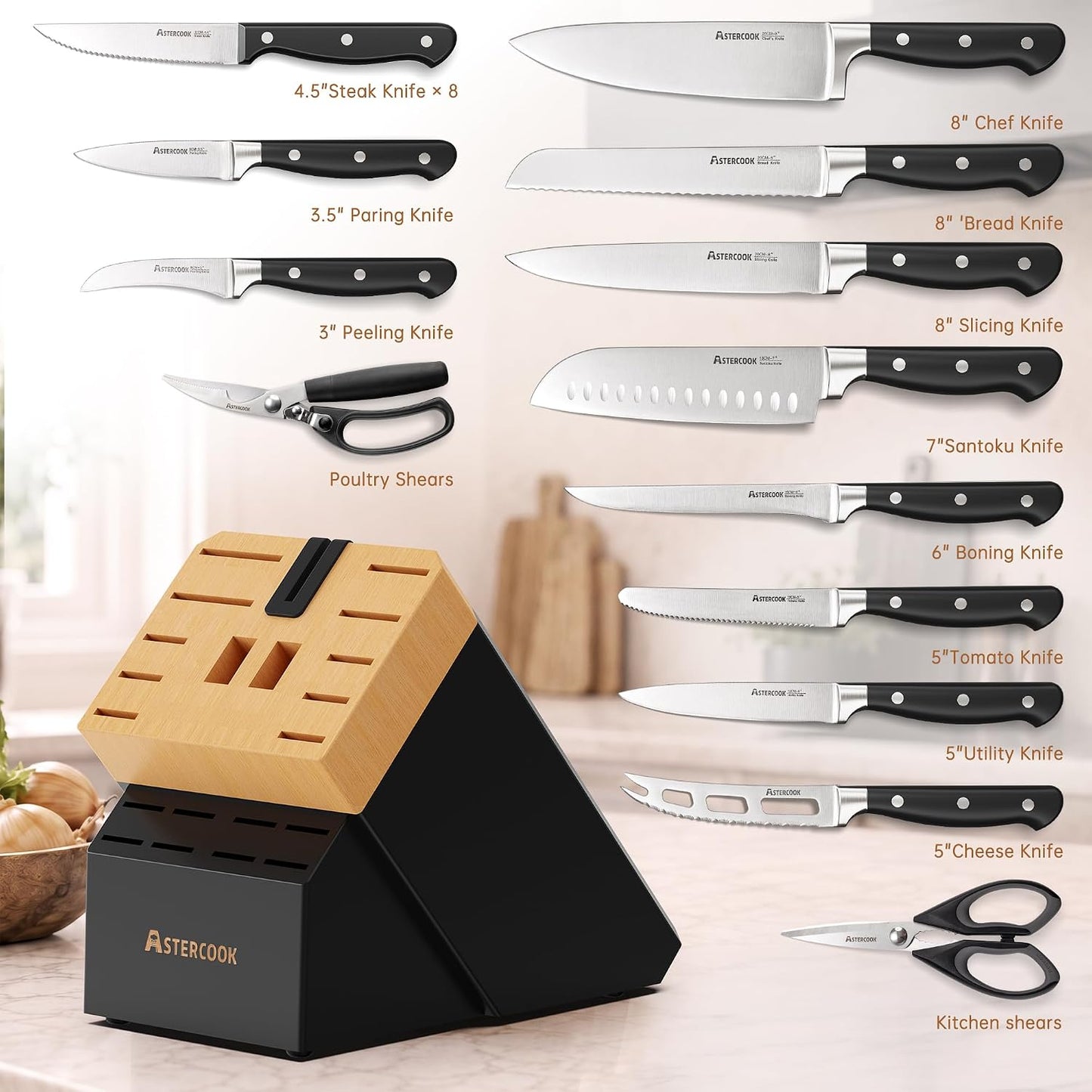 Astercook Juego de cuchillos de cocina de espiga completa con bloqu...