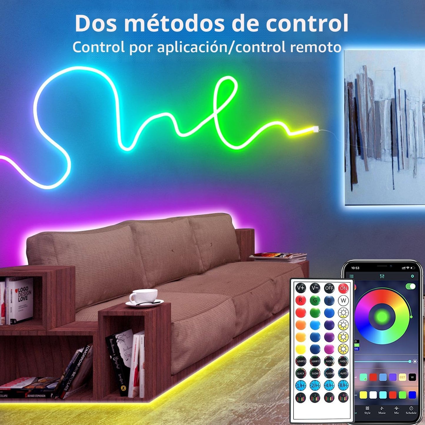 Luces de cuerda de neón LED RGB de 100 pies, luces de neón LED con...