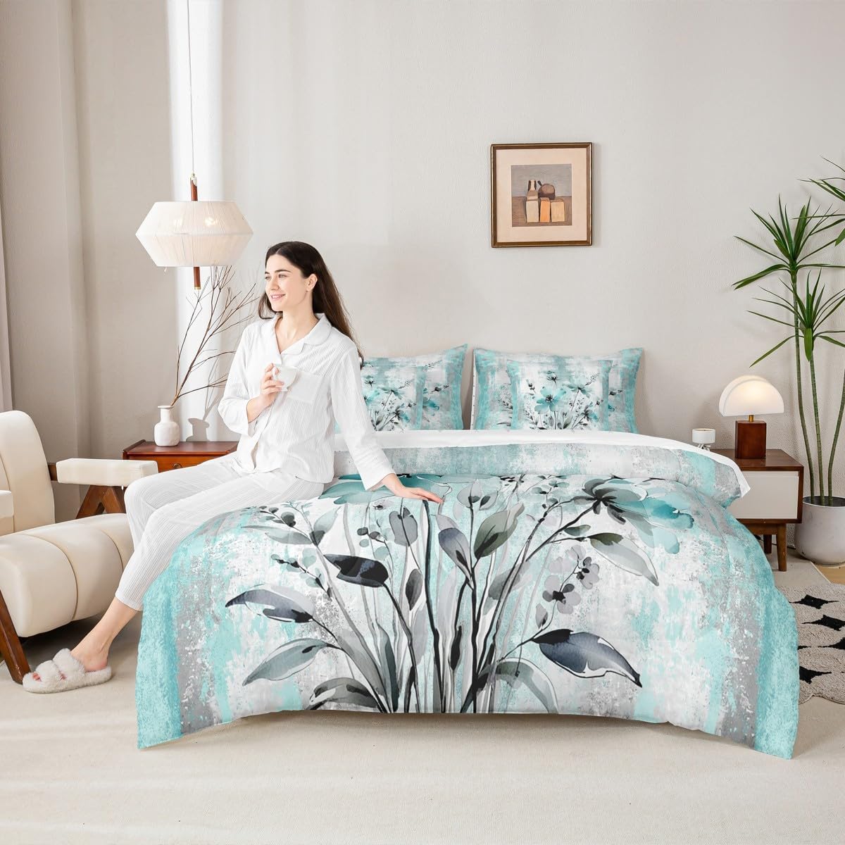 Erosebridal Ropa de cama Queen con Flores de Acuarela 7 Piezas para...