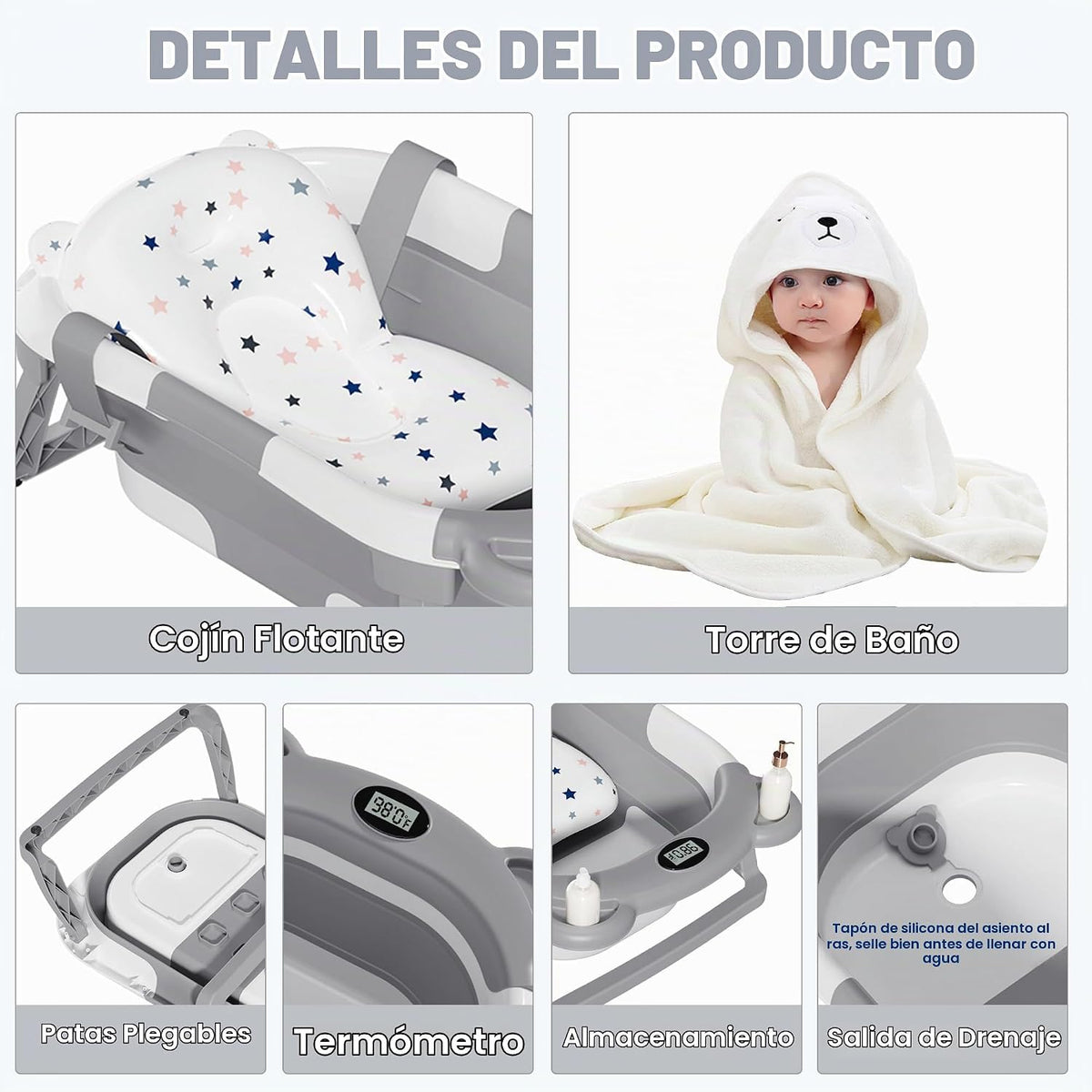 MoreFeel Bañera plegable para bebé recién nacido con termómetro y 1...