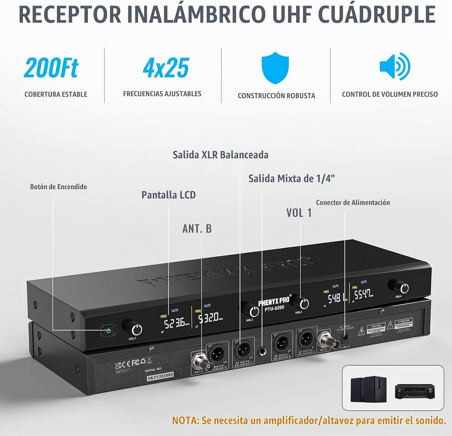 Phenyx Pro 4-Ch UHF Handheld\/Bodypack micrófonos inalámbricos PTU-...