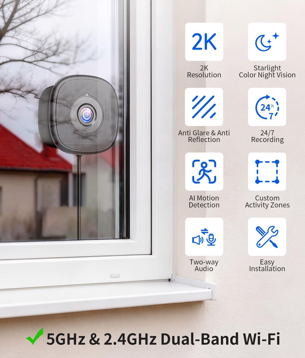 MISECU Cámara de ventana 2K sin taladro, cámaras interiores para se...
