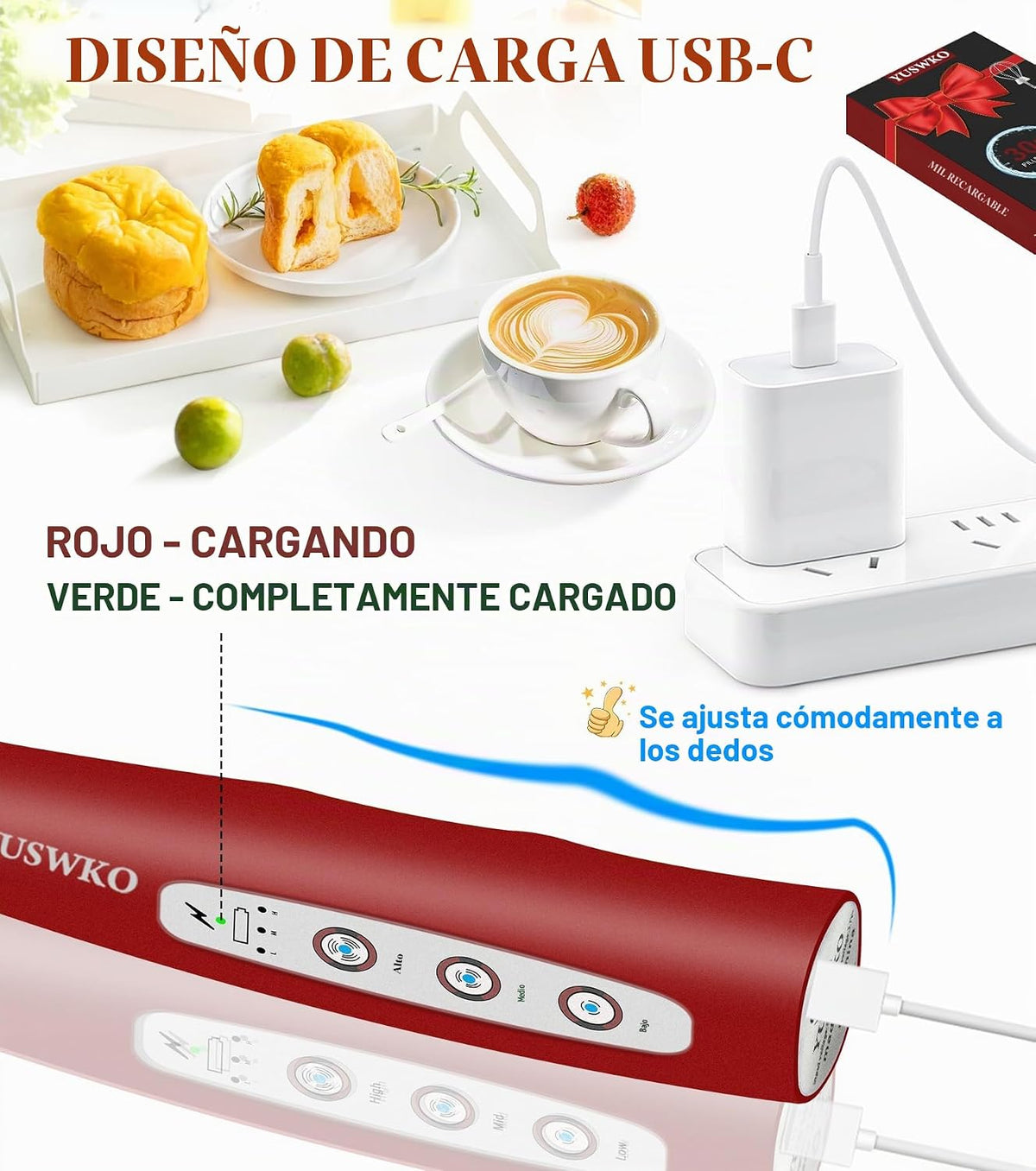 YUSWKO Varita espumadora de leche de mano para café, batidor eléctr...