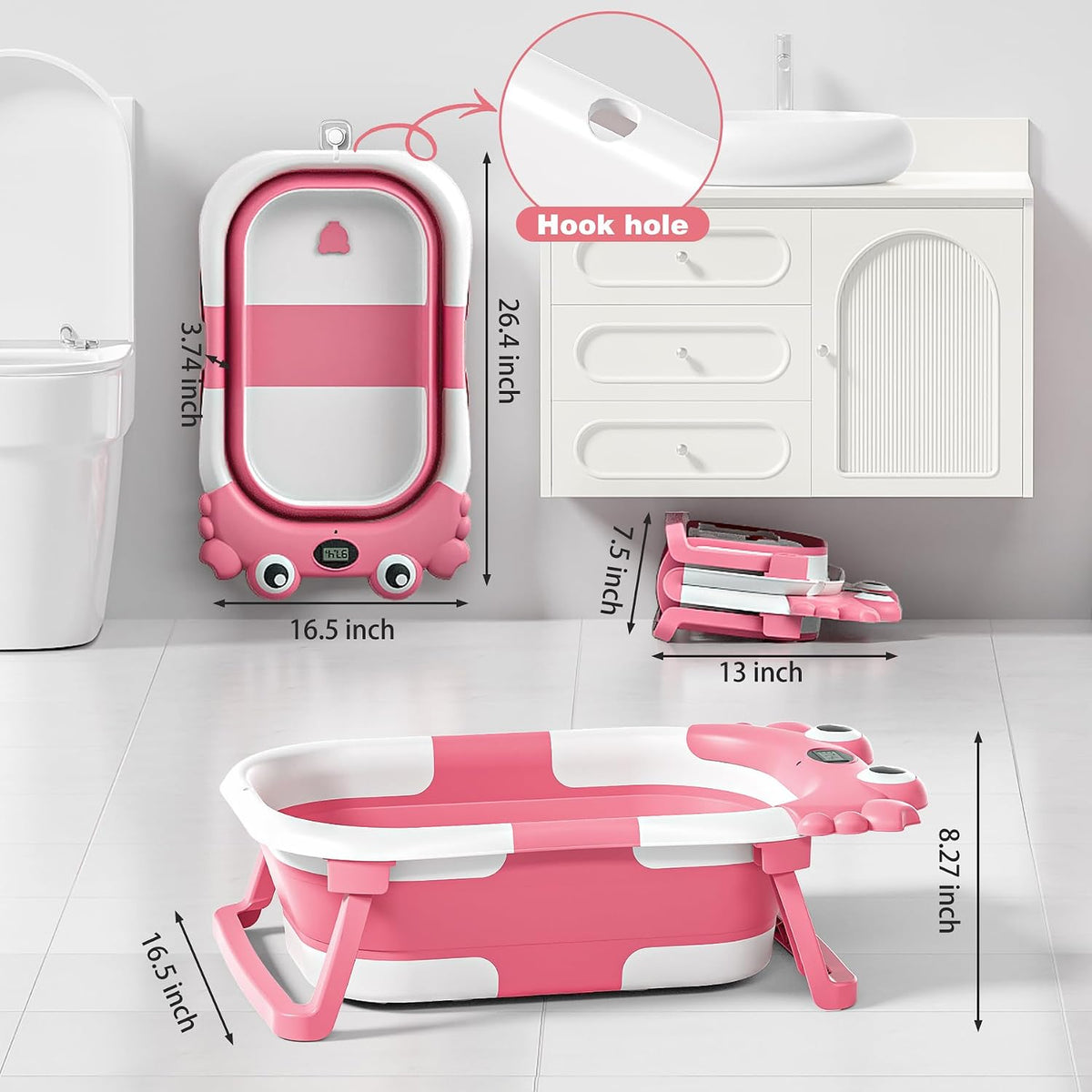Bañera plegable para bebés recién nacidos con termómetro y cojín fl...