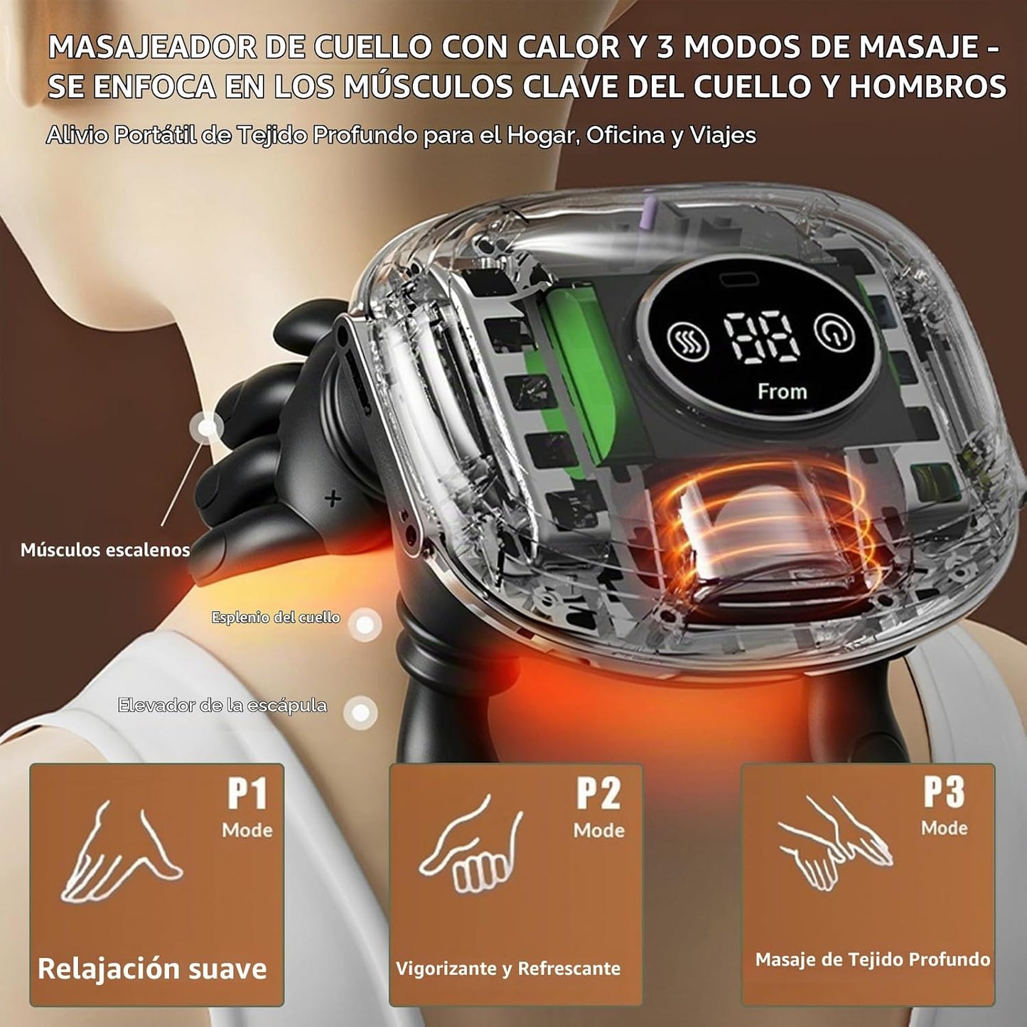 Sriolr Masajeador de cuello con calor, masajeador inalámbrico 4D de...