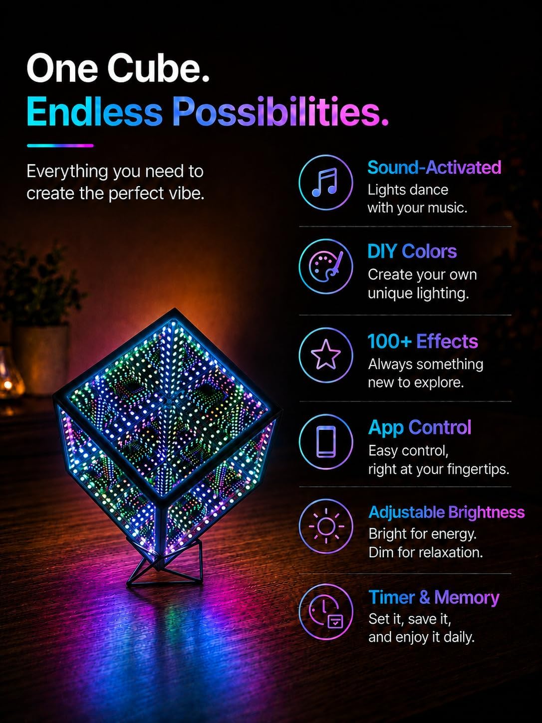 Heepulor Infinity Mirror Hyper Cube - Lámpara de mesa, luz de humor...