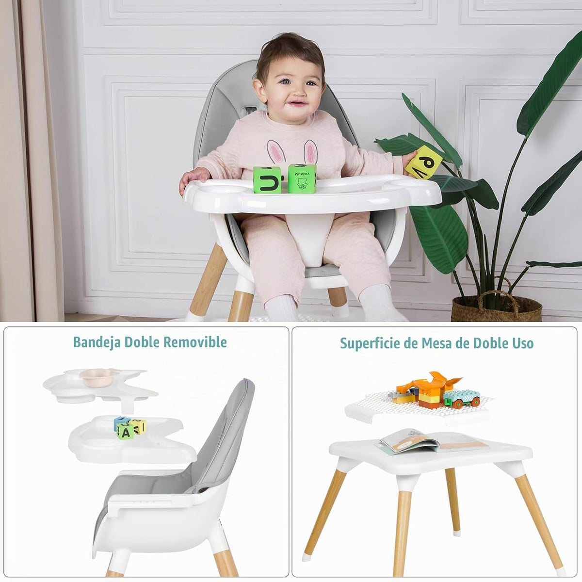 Silla alta 6 en 1 para bebés y niños pequeños, silla alta de madera...