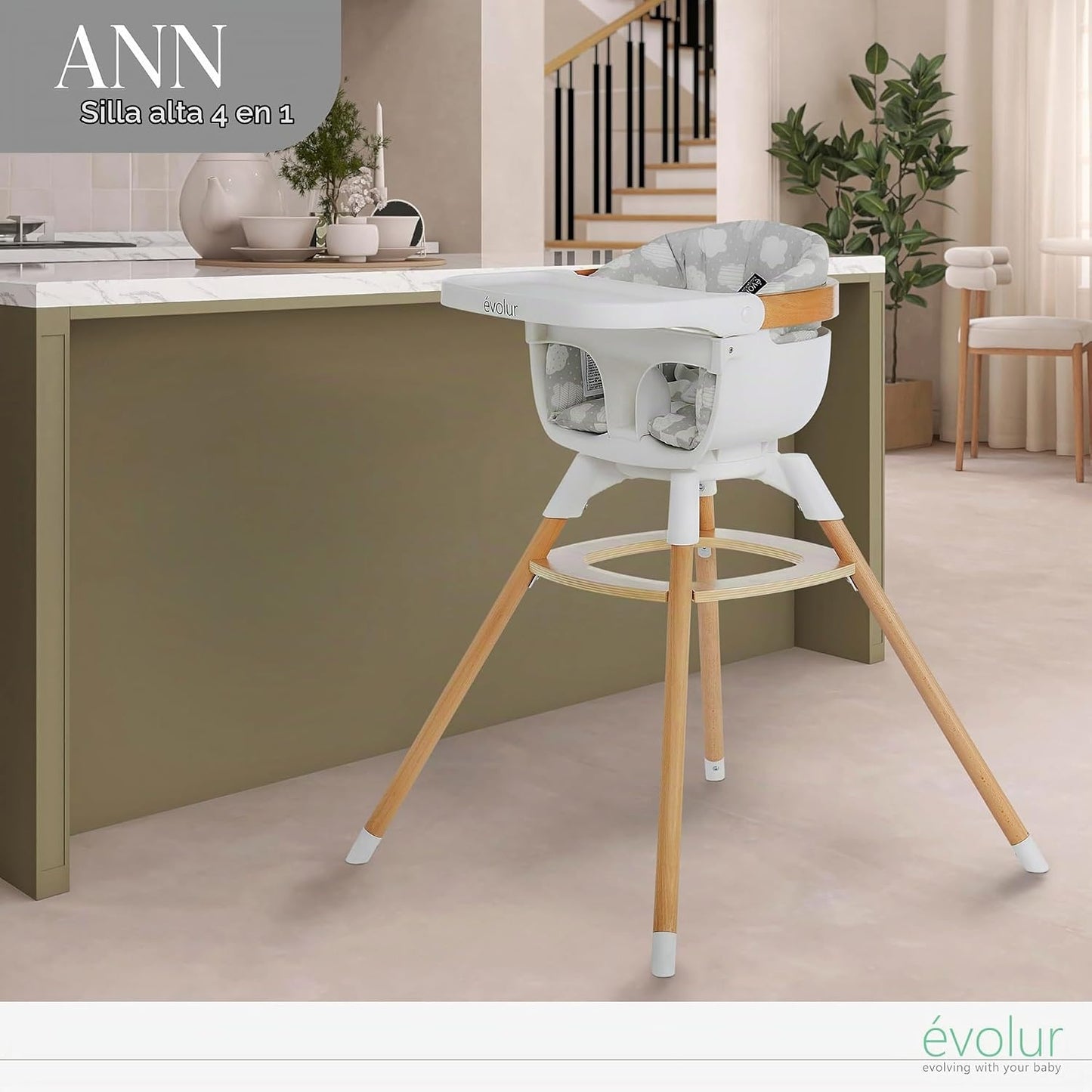 Evolur Ann - Silla alta 4 en 1 para bebé y niño, asiento giratorio...