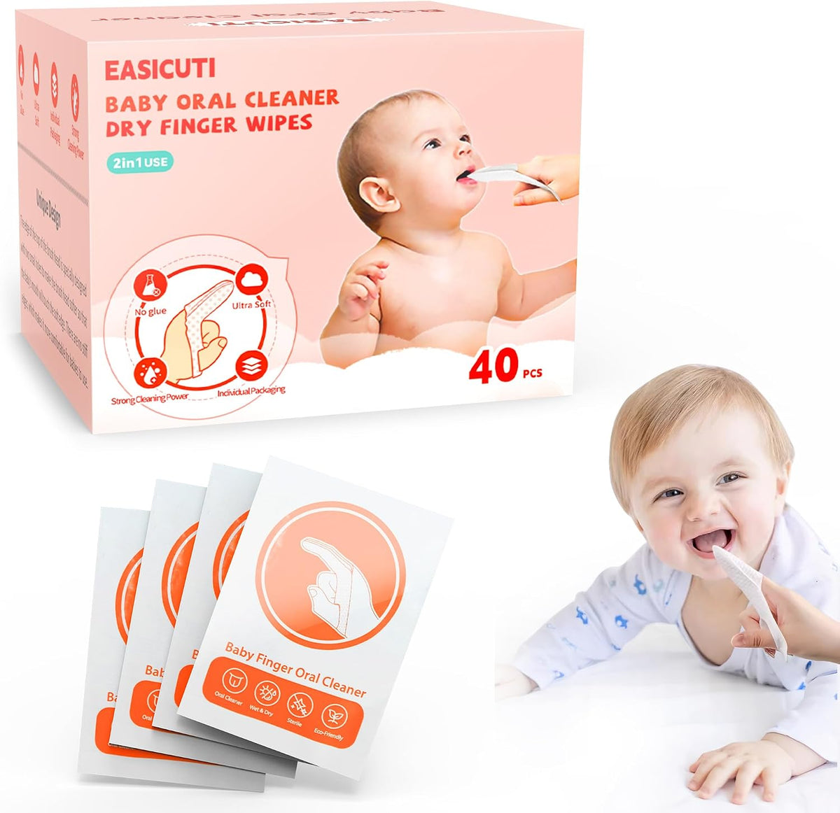 EASICUTI 40 piezas de cepillo de dedo para bebé, toallitas secas pa...