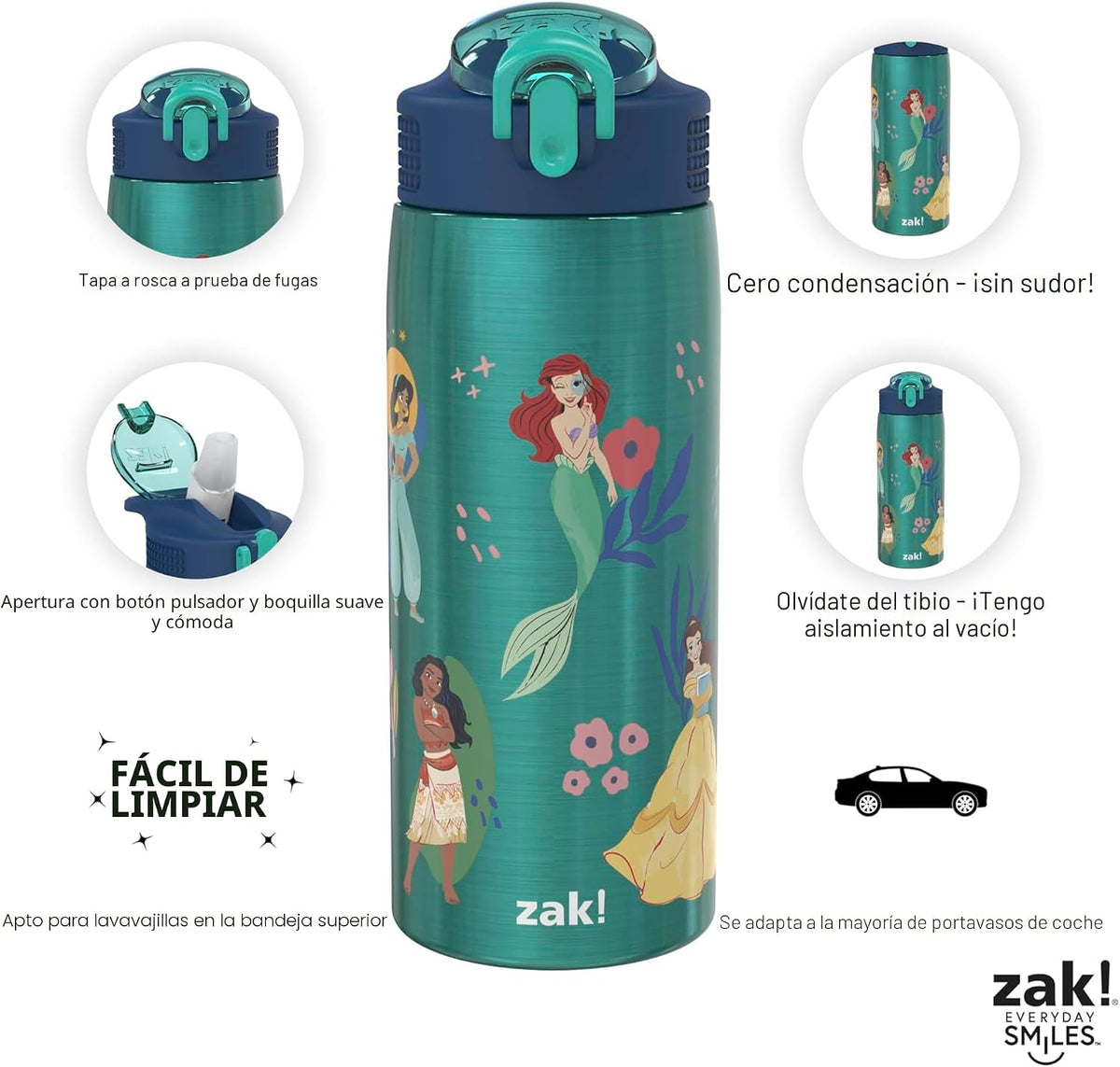Zak Designs Disney Princess - Botella de agua para viajes y uso en...