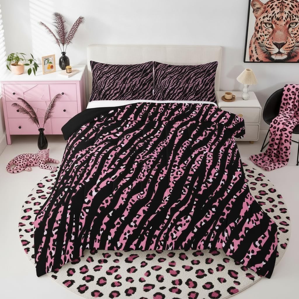 Castle Fairy Juego de edredón con estampado de leopardo rosa, tamañ...