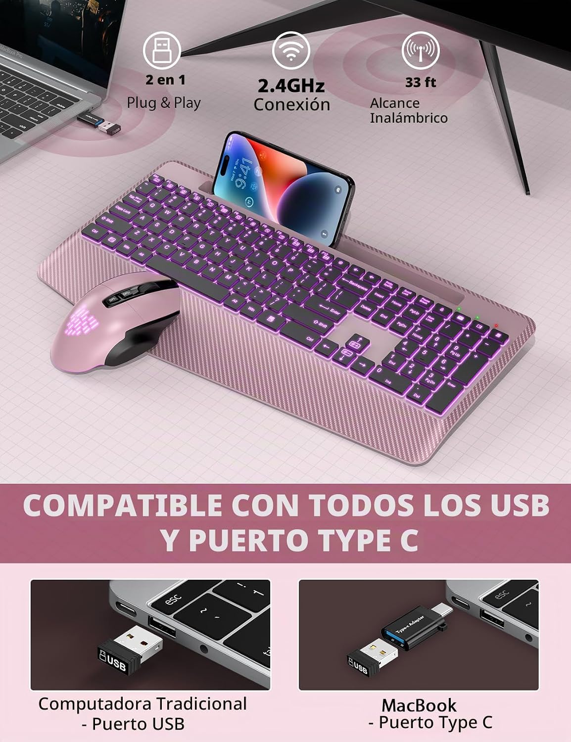 Teclado y Mouse Inalámbricos con Retroiluminación, Reposamuñecas, M...