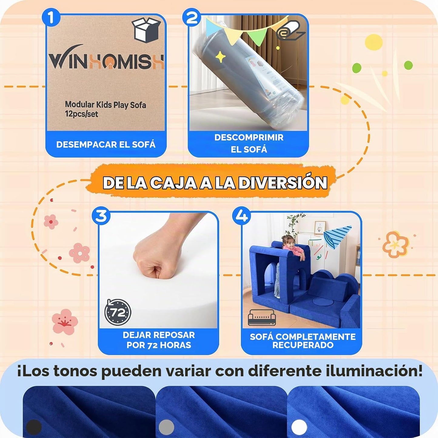 Winhomish Sofá infantil modular de 12 piezas para dormitorio, color...