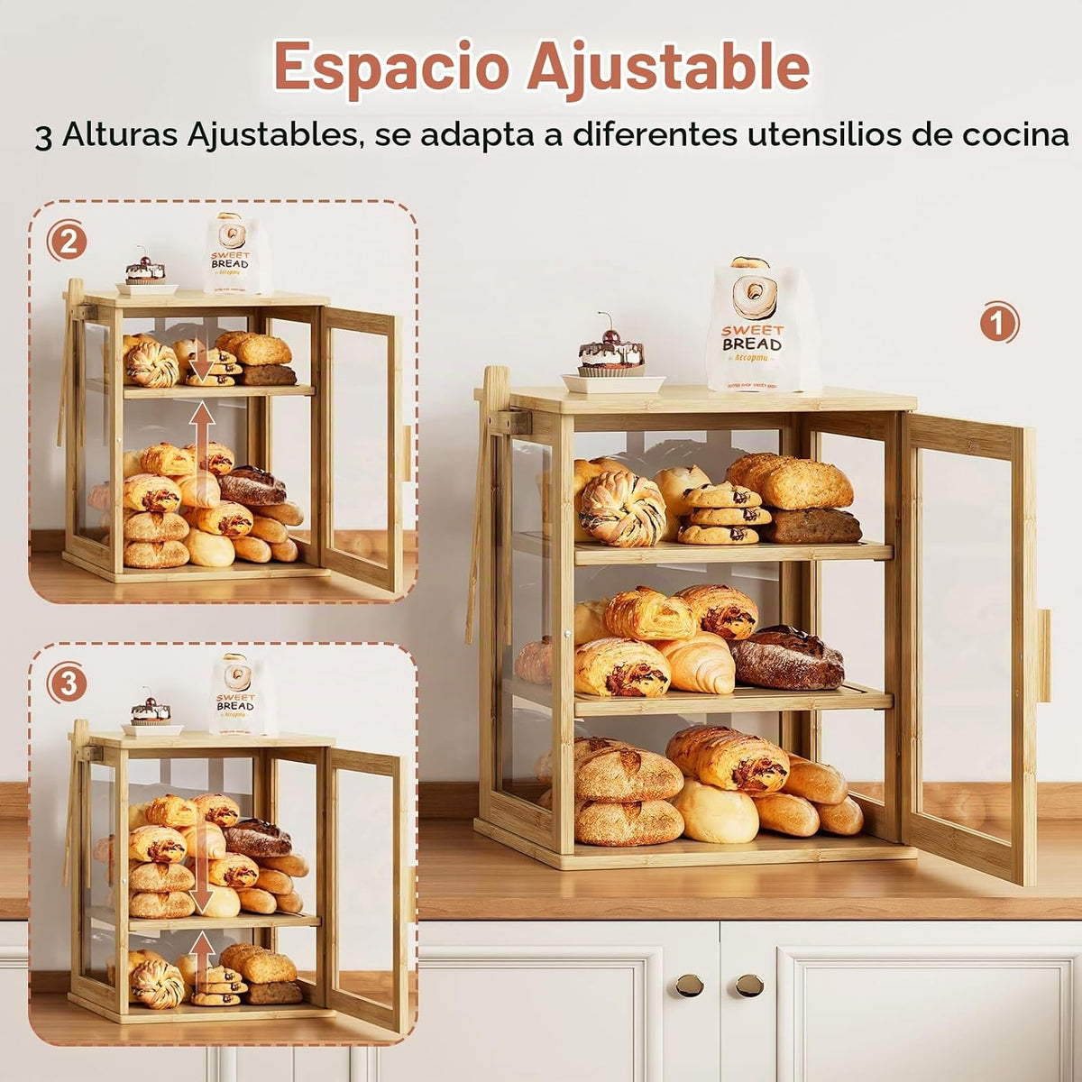 WOWLIVE Panera de bambú para encimera de cocina, contenedor grande...