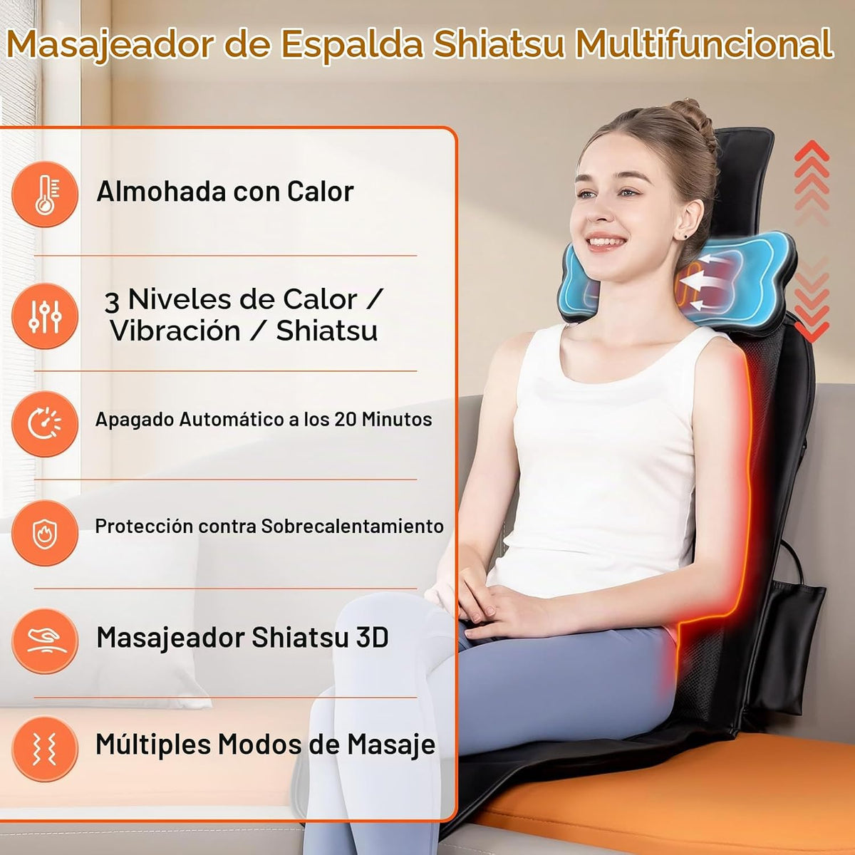 comrelax Masajeador de espalda Shiatsu con calor, almohadilla para...