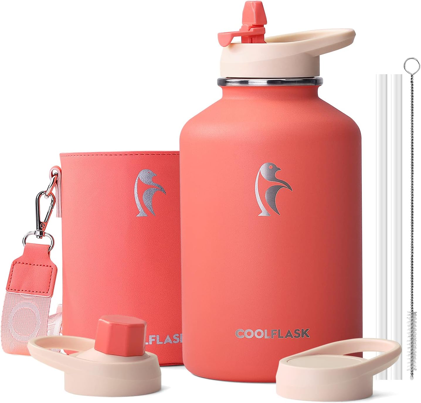 Coolflask - Botella de agua aislada con funda de piel sintética y 3...