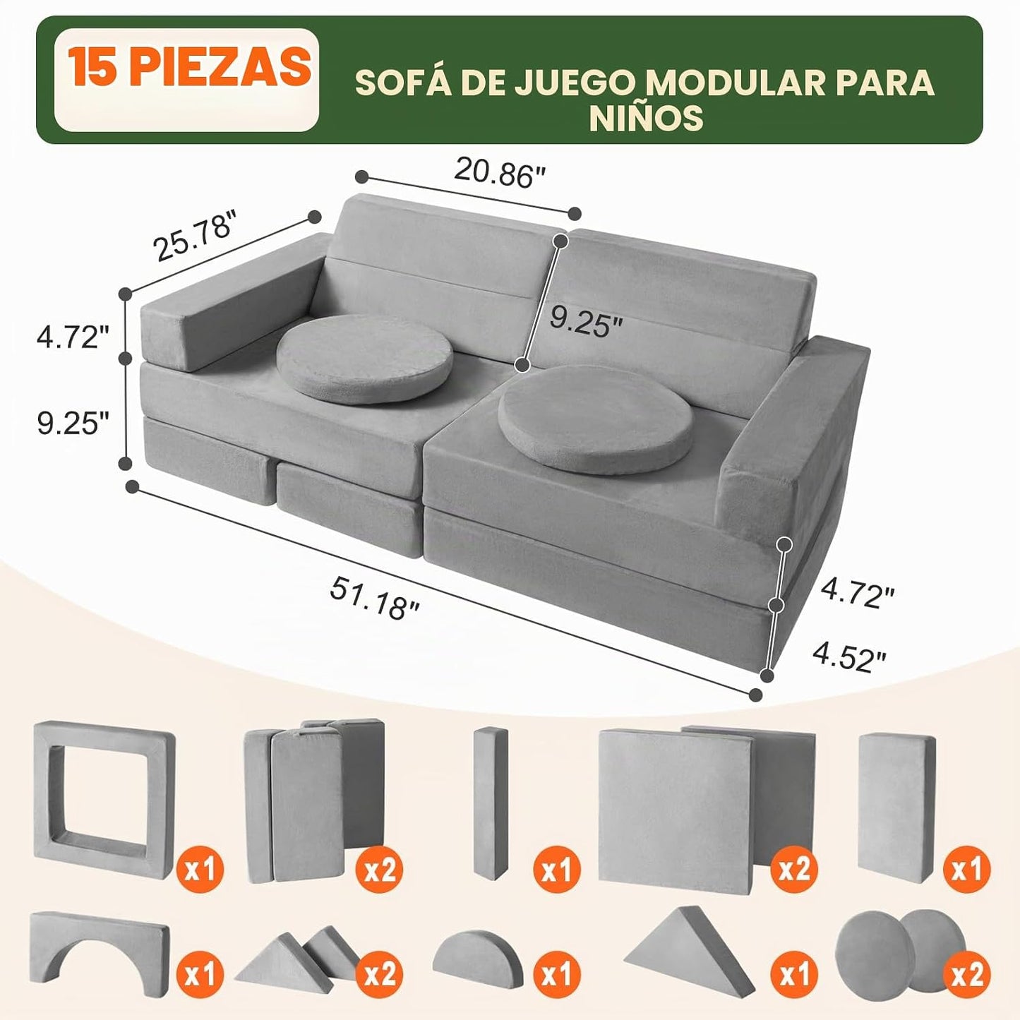 snow mini Sofá modular de juego para niños, 15 piezas, juego de sof...