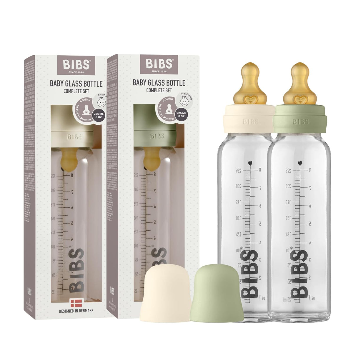 BIBS - Botella de vidrio, 7.6 onzas, paquete de 2, pezón de goma na...