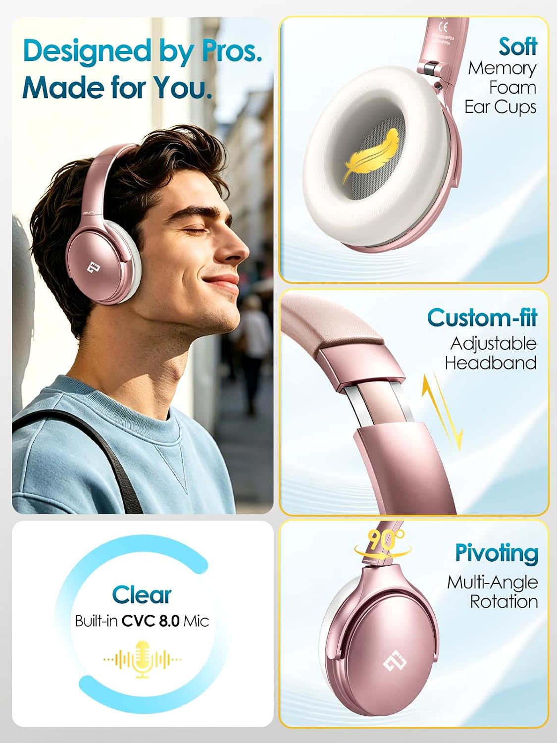 INFURTURE Auriculares rosados sobre la oreja, auriculares Bluetooth...