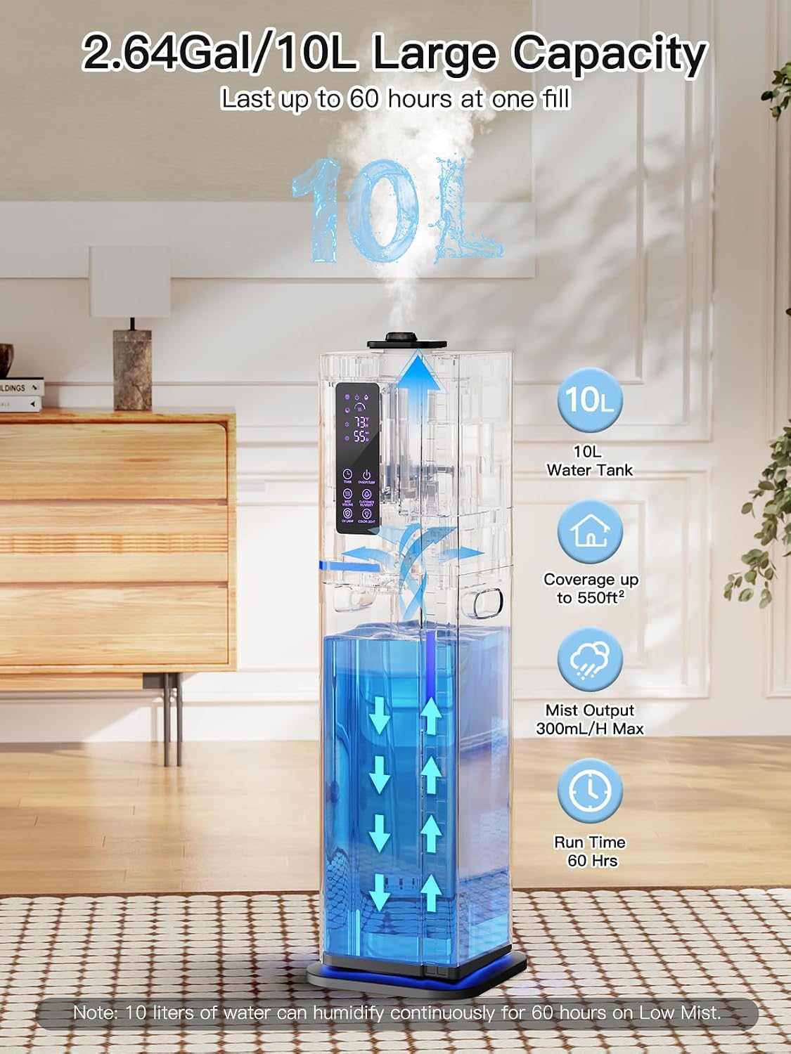 Zeova Humidificador de 10L\/2.64Gal, Humidificador Ultrasónico de N...