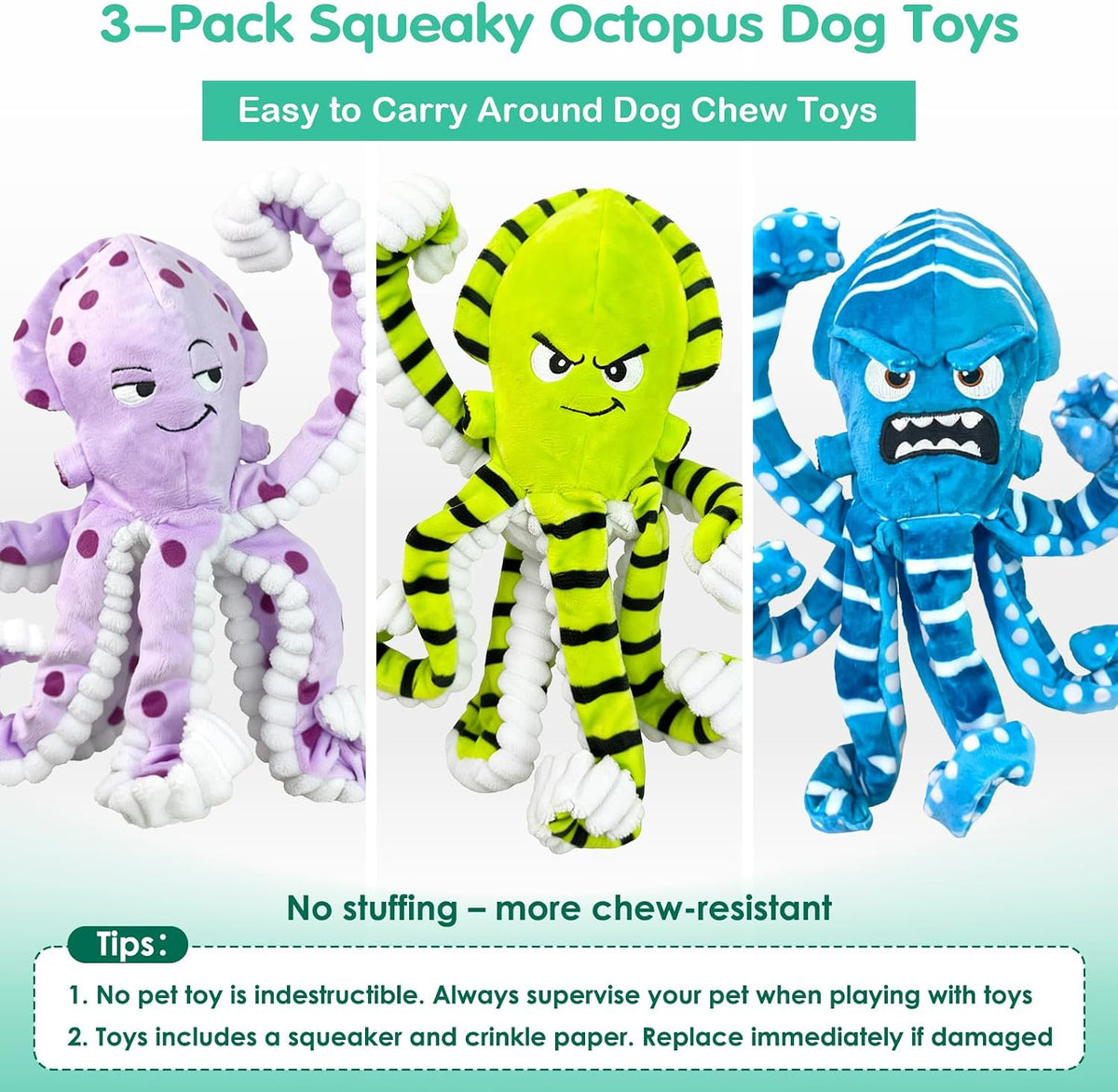 Fuufome Juguetes masticables de pulpo para perros, paquete de 3 jug...
