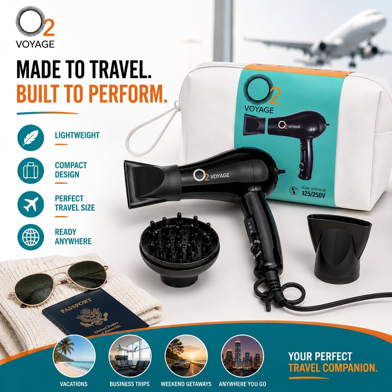 O2 Voyage - Secador de pelo iónico profesional de doble voltaje de...