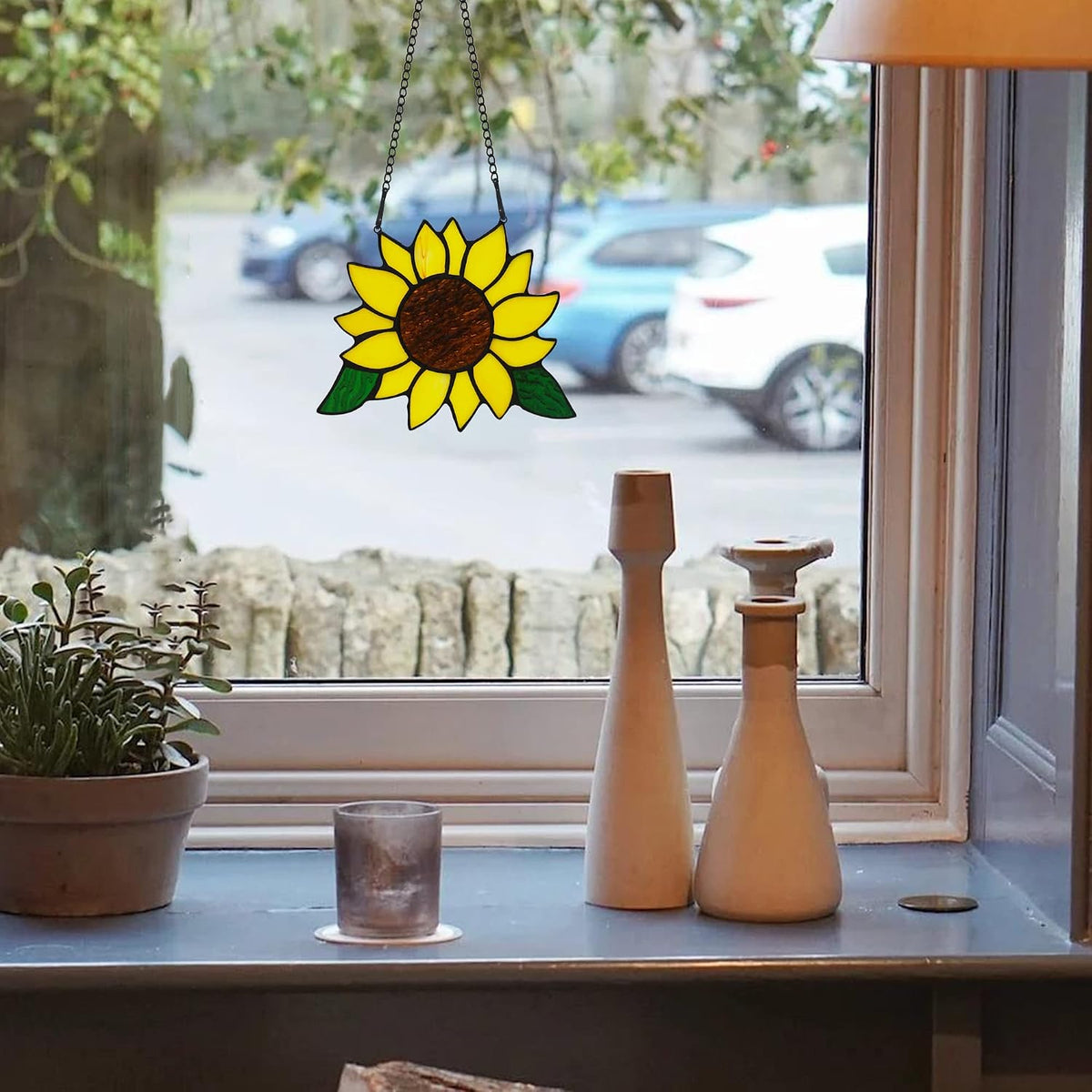 HAOSUM Regalos de Girasoles de Vidrio Emplomado para Colgar en Vent...