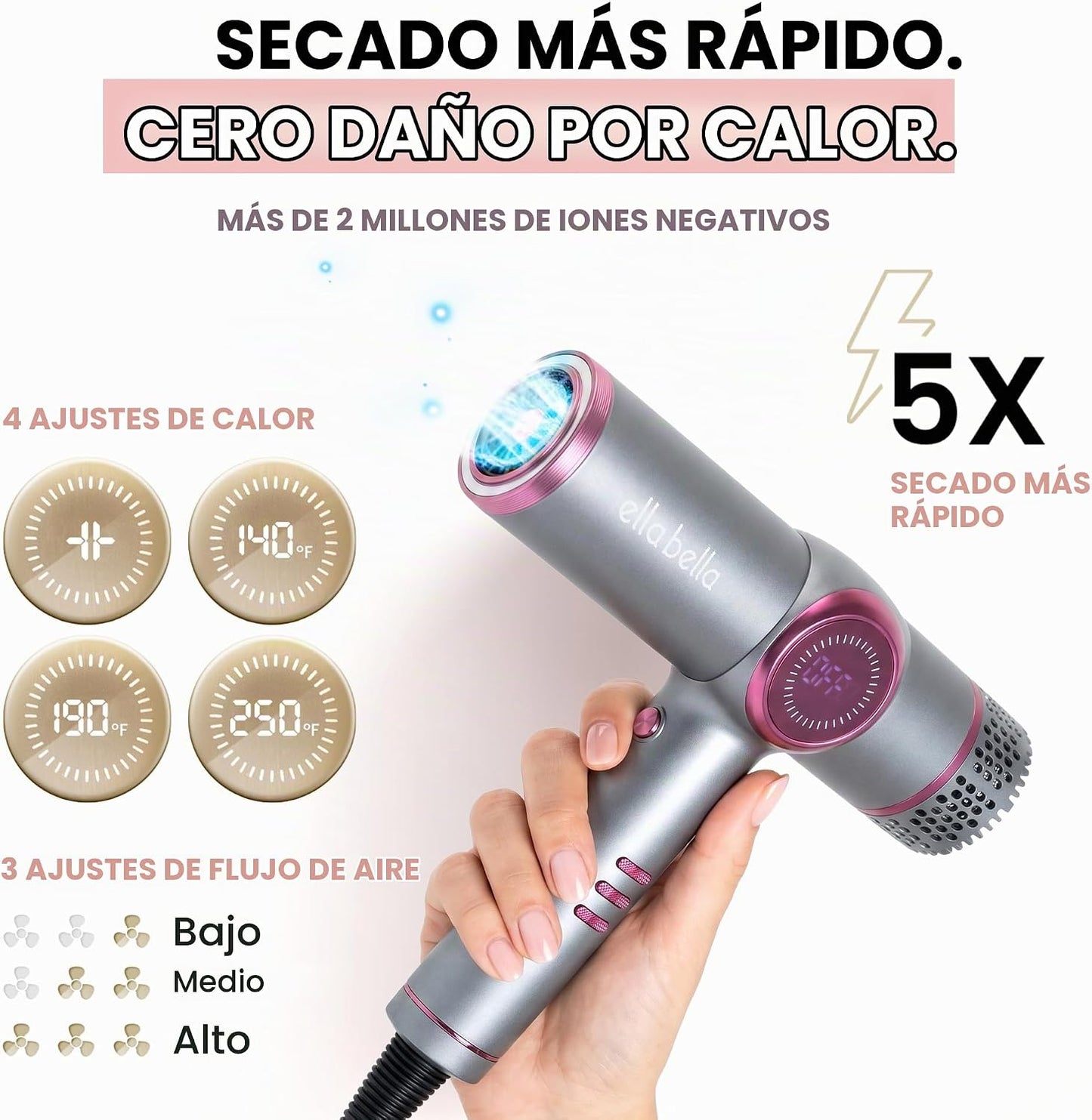 ELLA BELLA® Secador de cabello iónico con difusor - Secador de ione...
