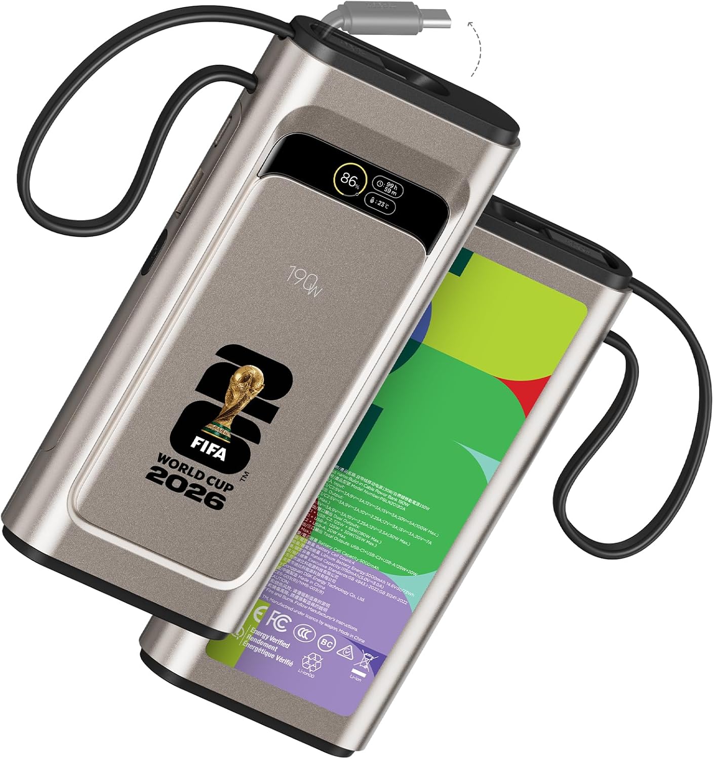 Banco de energía 2026 con licencia de la FIFA de 190 W y 20000 mAh...