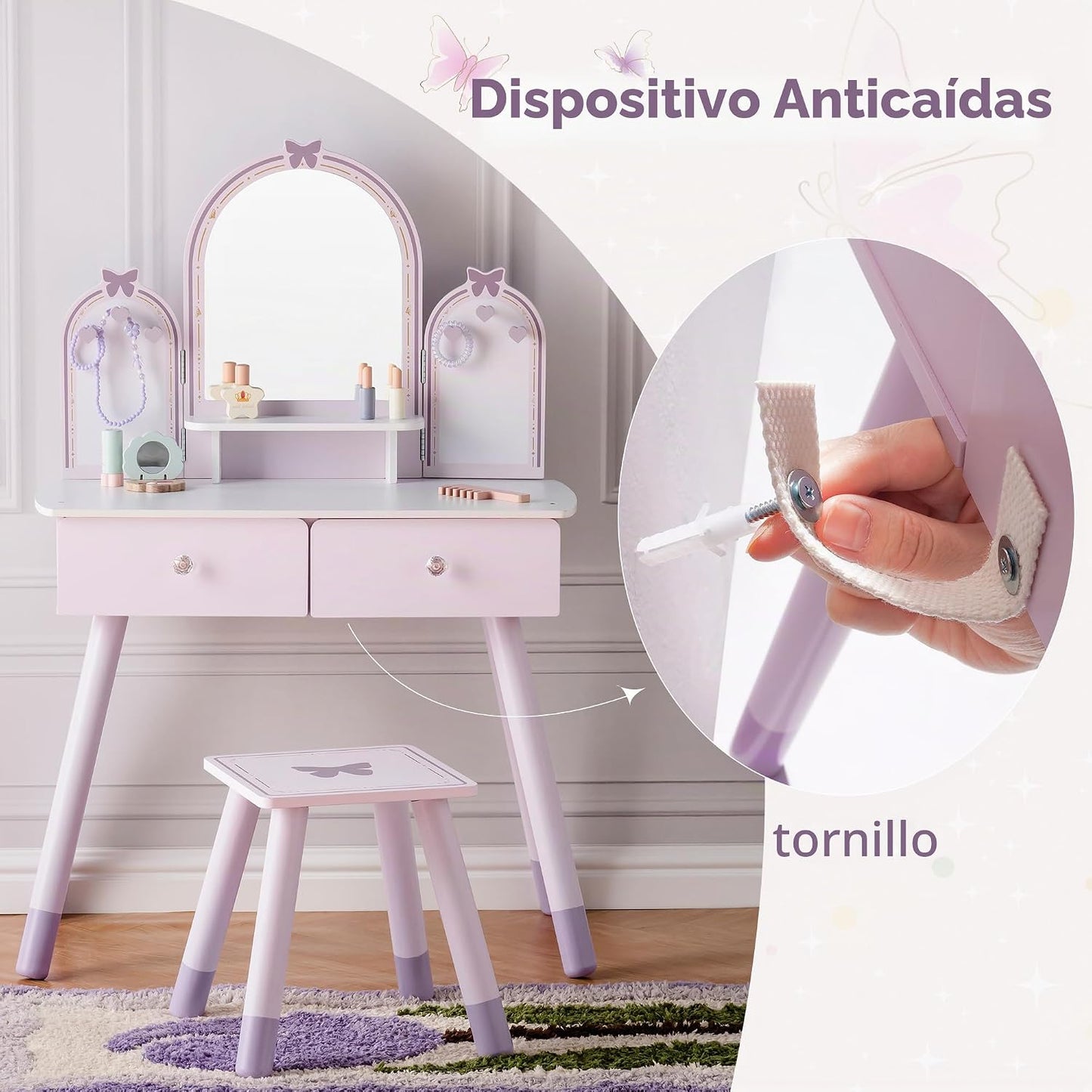 ROBUD - Juego de mesa de tocador para niños con espejo, cajón, sill...