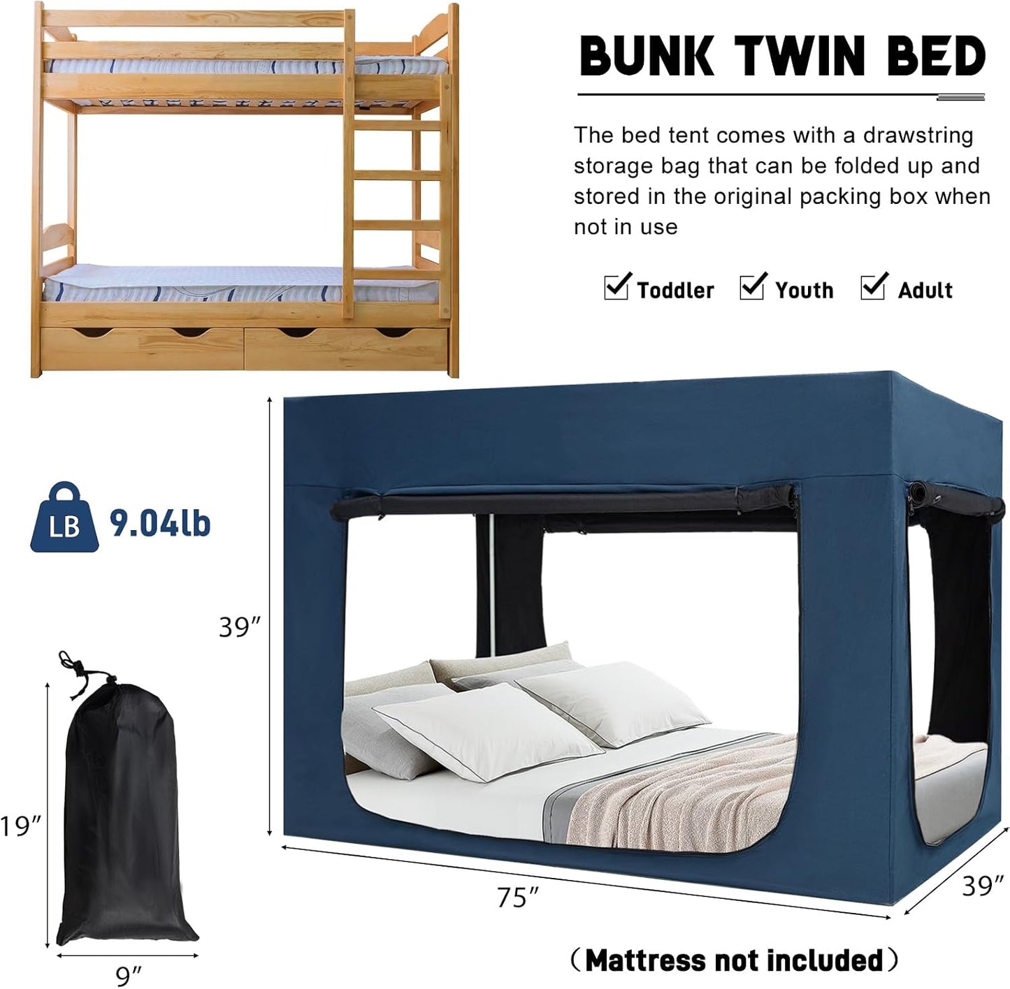 Quinnsus - Tienda de campaña mejorada para cama, toldo para litera,...