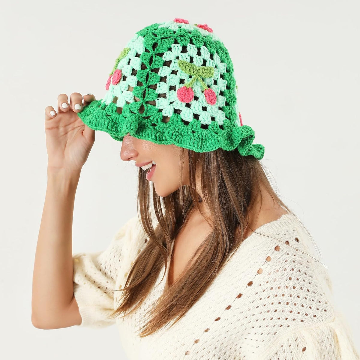 Fiewmay Sombrero de pescador de ganchillo para mujer, hecho a mano,...