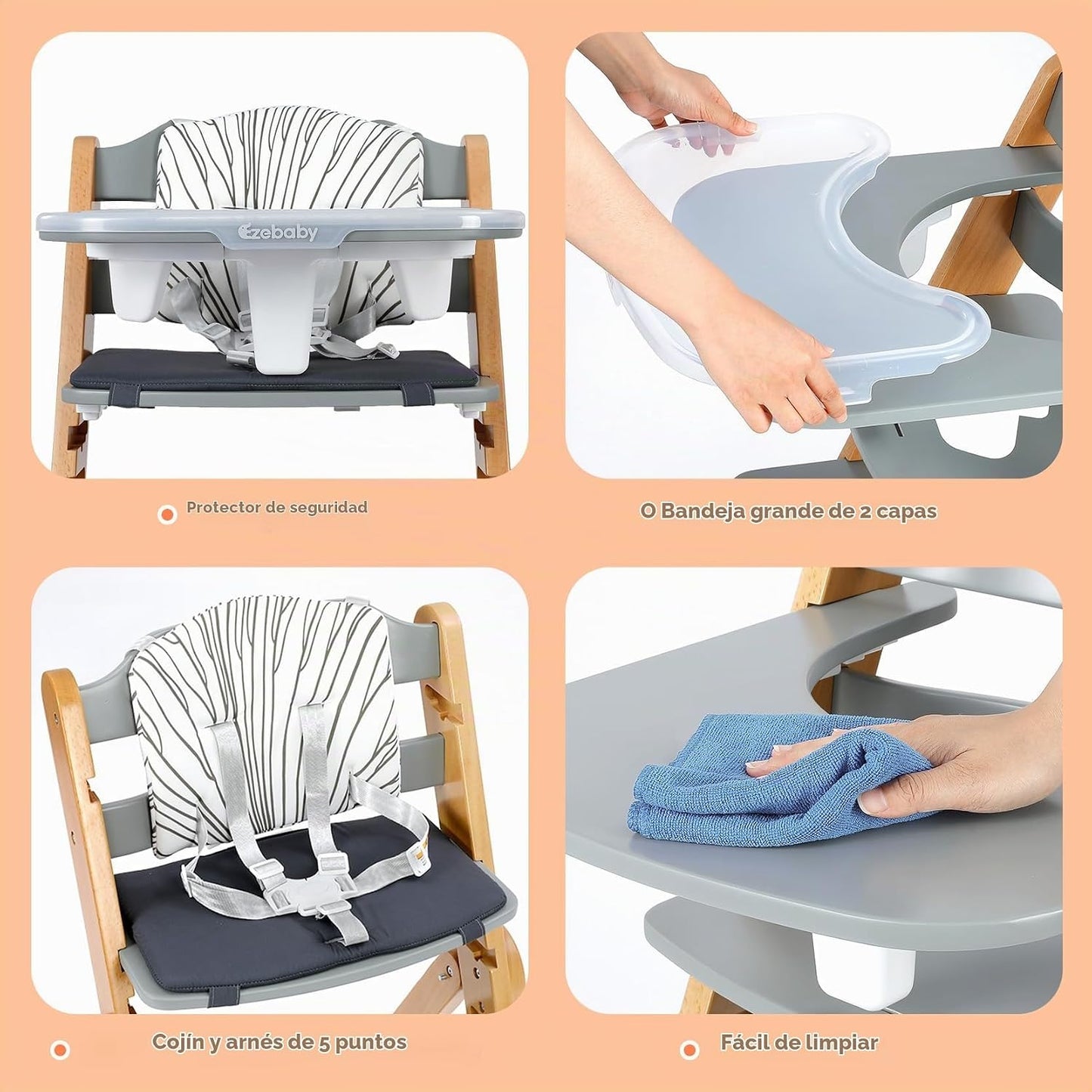 Ezebaby Silla alta de madera Grow with Your Child, silla alta plega...