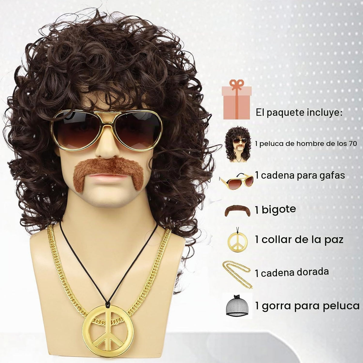 Wallden Hair Peluca marrón de los años 70 para hombre, gafas, caden...