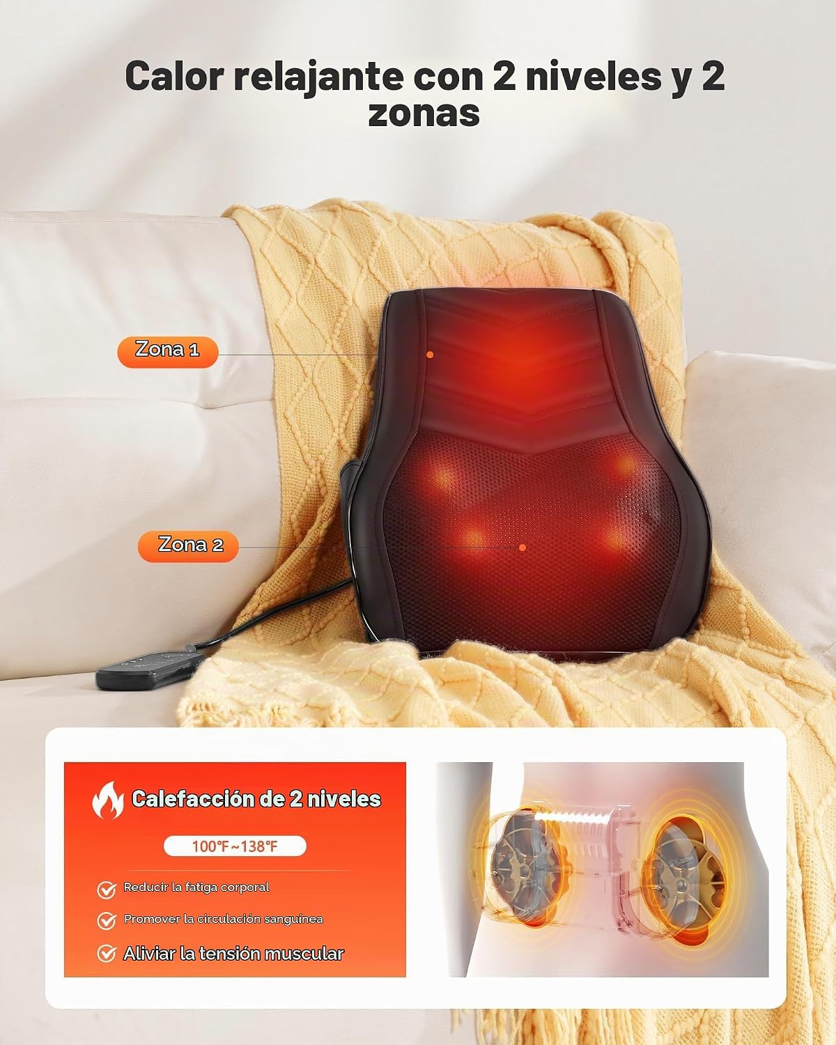 Almohada masajeadora de espalda de tejido profundo con calor, masaj...