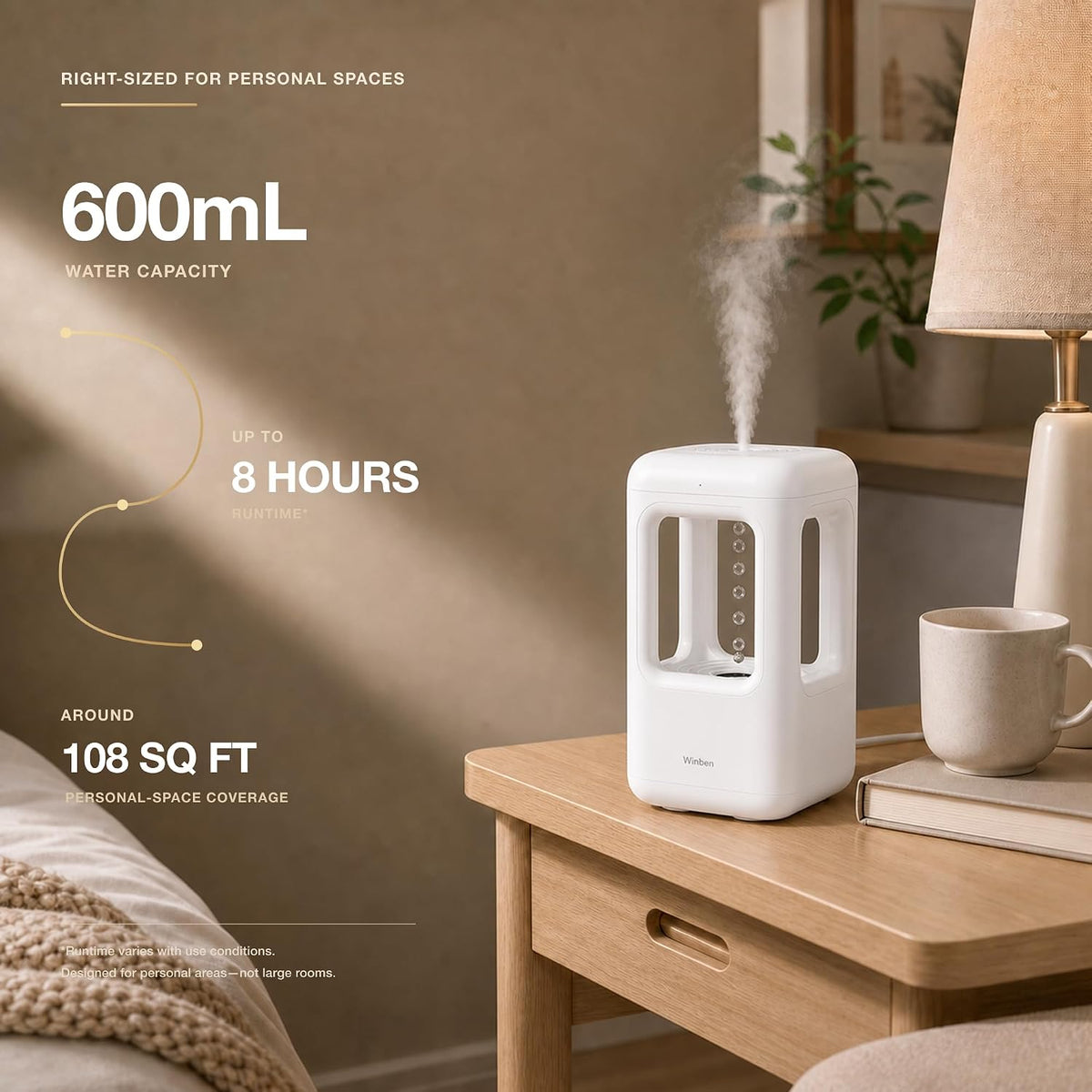WINBEN Mini humidificador de niebla fría de 20.3 fl oz con pantalla...