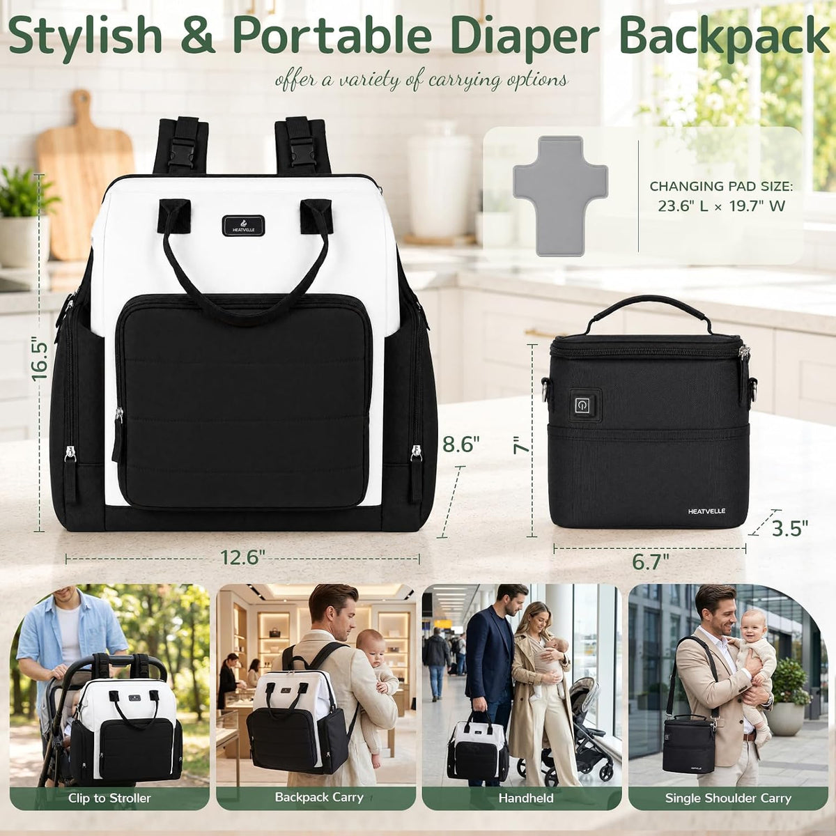 Heatvelle Mochila para pañales con bolsa calentadora de biberones p...