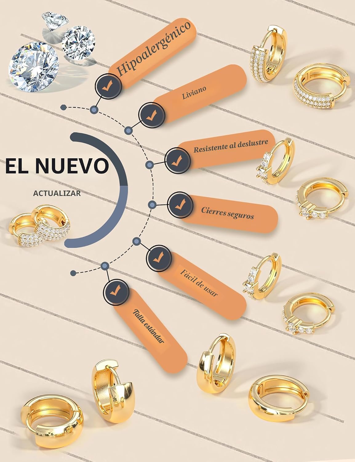 LOLIAS Pequeños aretes de aro gruesos chapados en oro de 14K para m...
