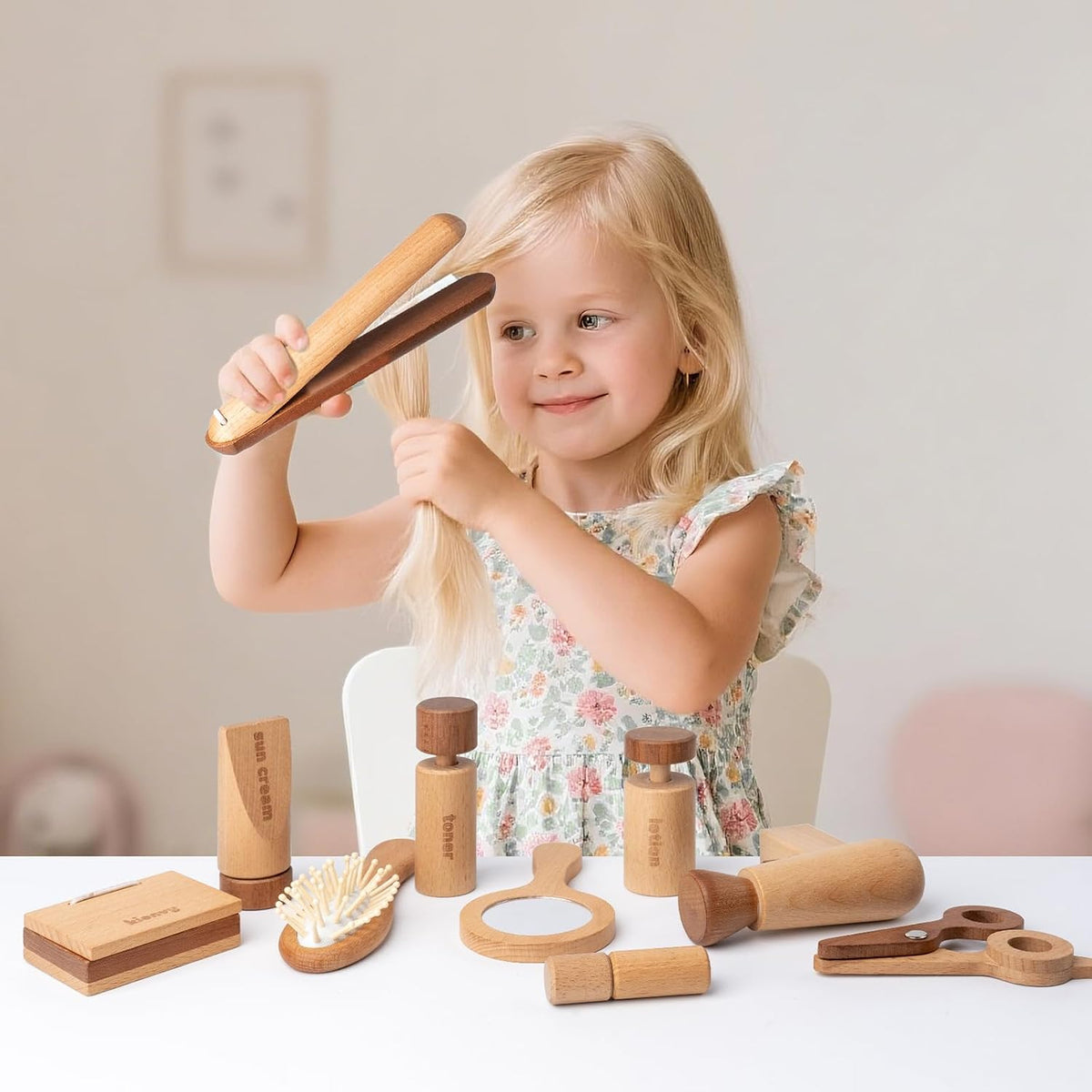 kienvy Juego de 11 juguetes de maquillaje de madera para niñas, kit...